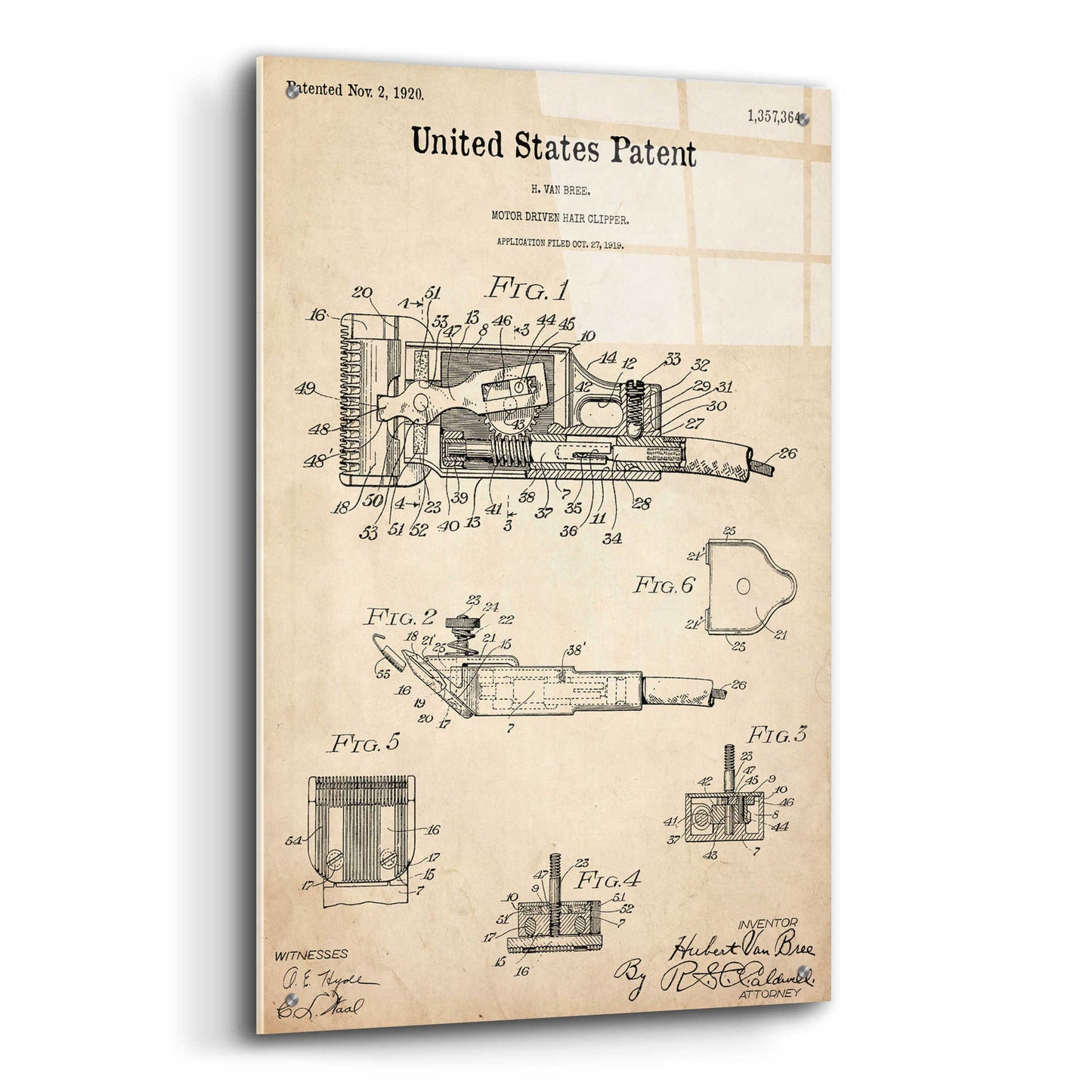 Epic Art 'Motor Hair Clipper Blueprint Patent Parchment,' Acrylic Glass Wall Art,24x36