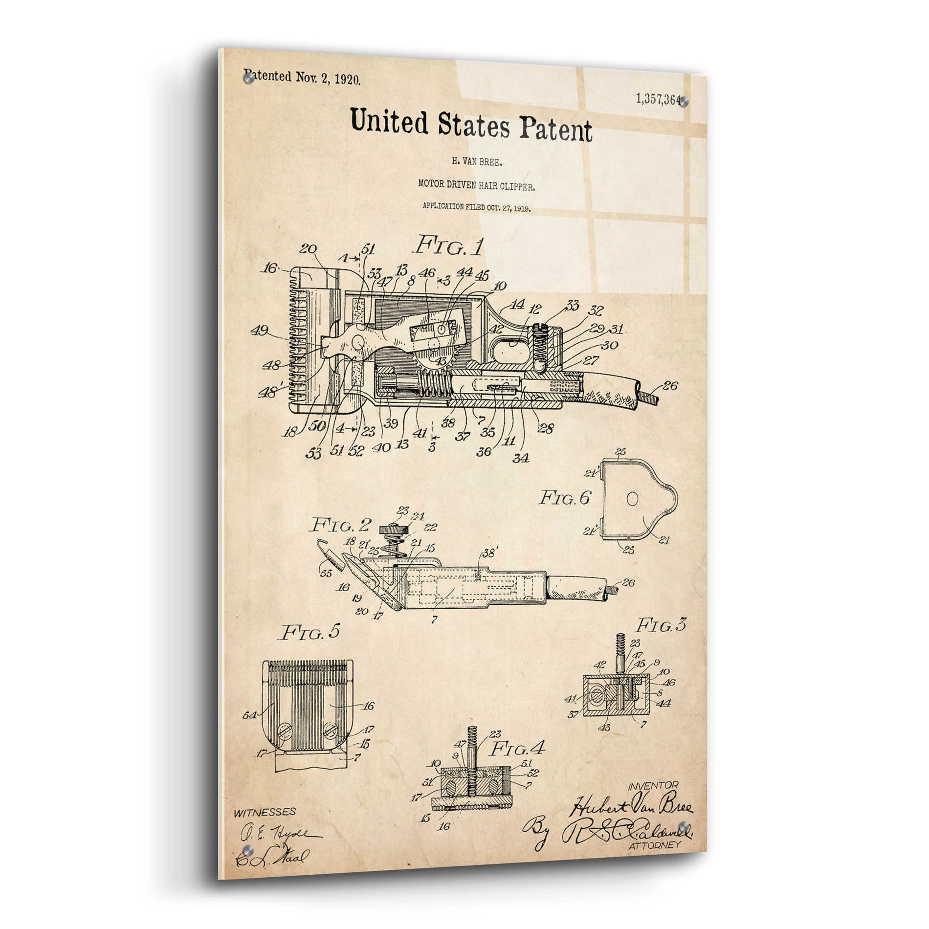 Epic Art 'Motor Hair Clipper Blueprint Patent Parchment,' Acrylic Glass Wall Art,24x36