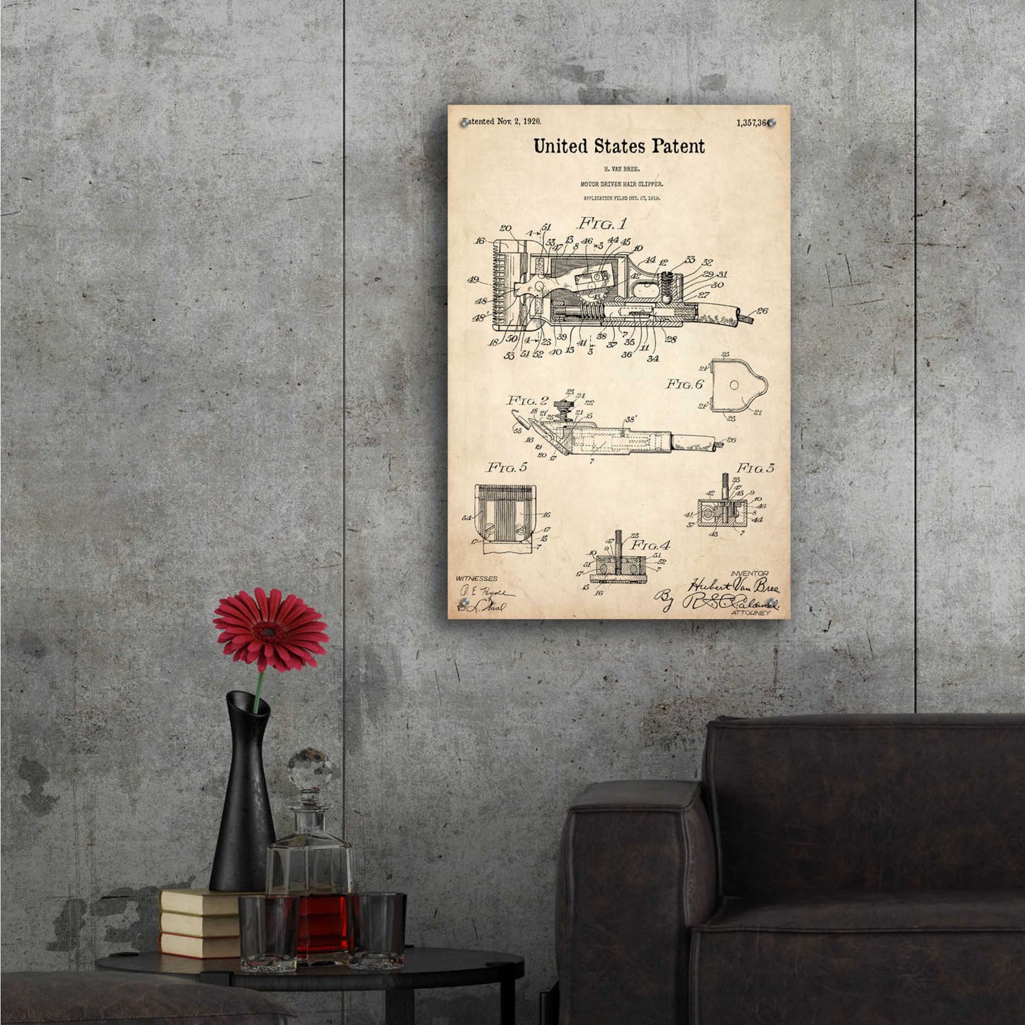 Epic Art 'Motor Hair Clipper Blueprint Patent Parchment,' Acrylic Glass Wall Art,24x36