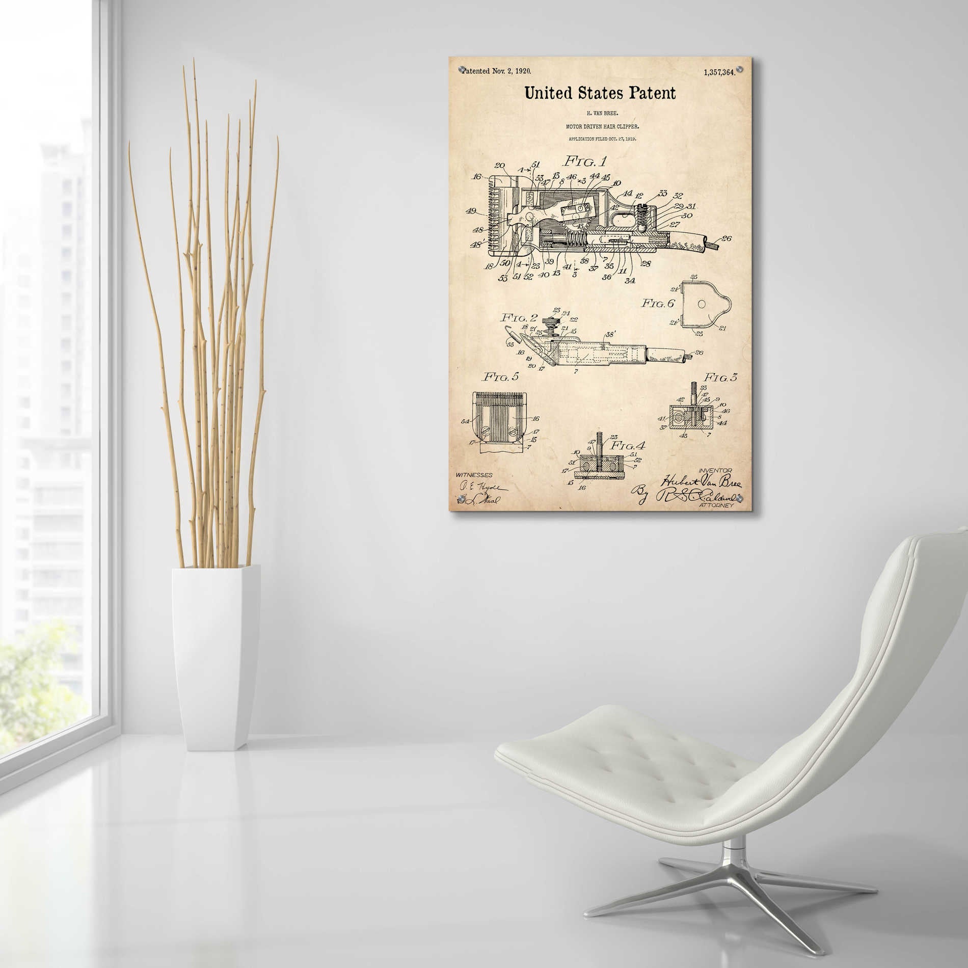 Epic Art 'Motor Hair Clipper Blueprint Patent Parchment,' Acrylic Glass Wall Art,24x36