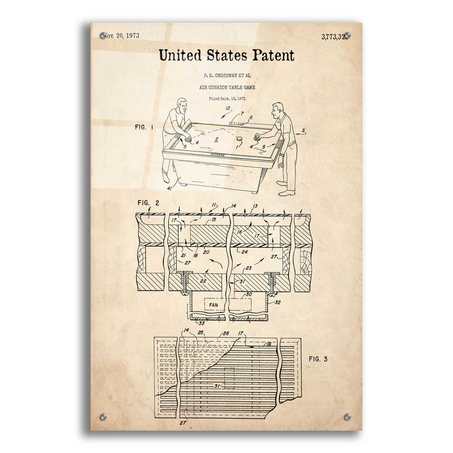 Epic Art 'Air Hockey Blueprint Patent Parchment,' Acrylic Glass Wall Art,24x36