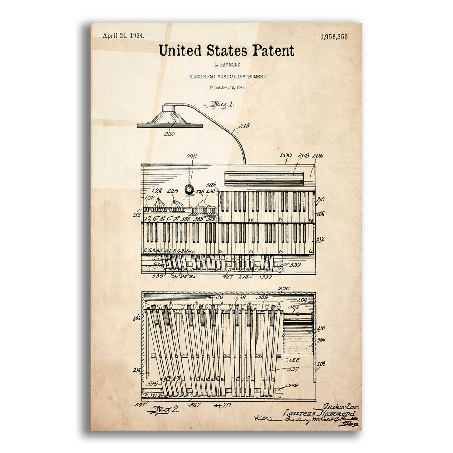 Epic Art 'Keyboard Instrument Blueprint Patent Parchment,' Acrylic Glass Wall Art,12x16