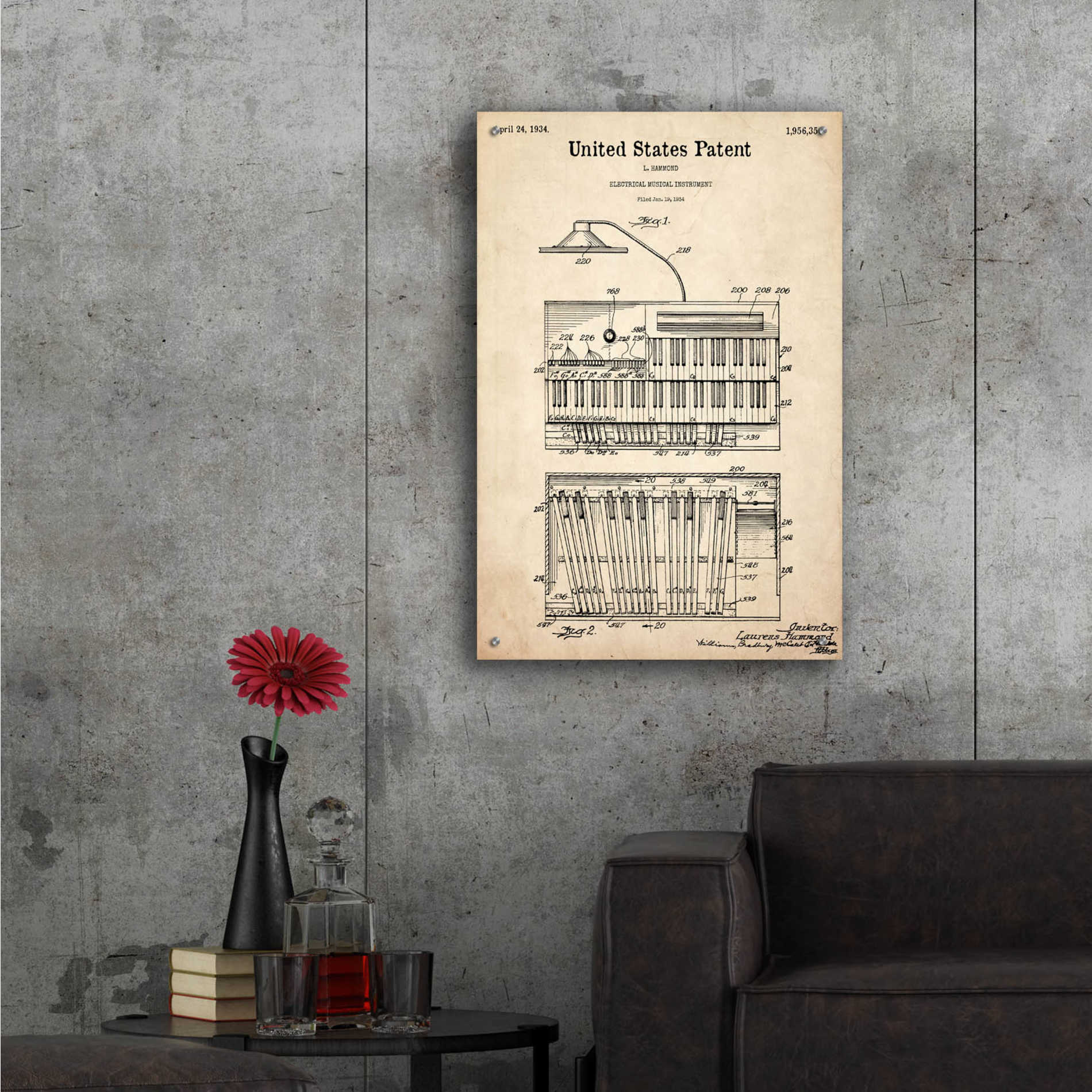 Epic Art 'Keyboard Instrument Blueprint Patent Parchment,' Acrylic Glass Wall Art,24x36