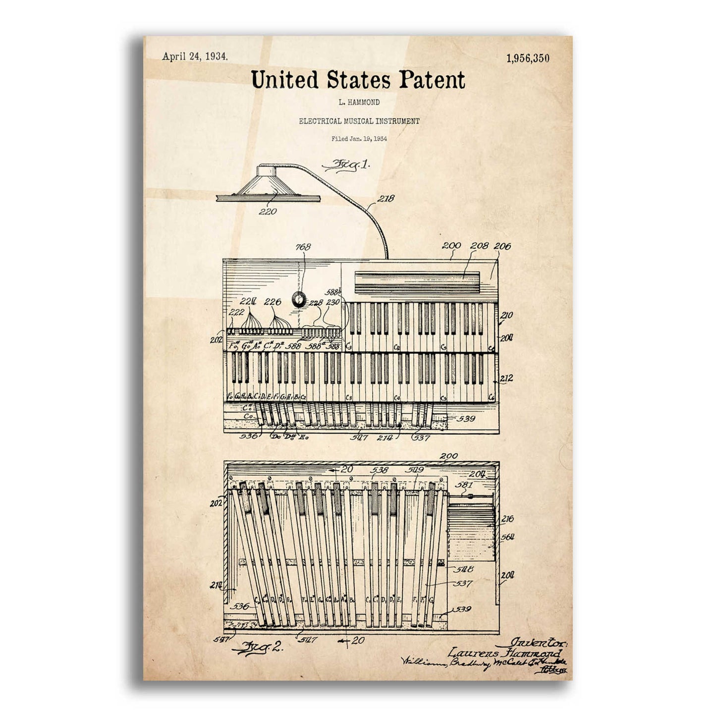 Epic Art 'Keyboard Instrument Blueprint Patent Parchment,' Acrylic Glass Wall Art,12x16x1.1x0,18x26x1.1x0,26x34x1.74x0,40x54x1.74x0