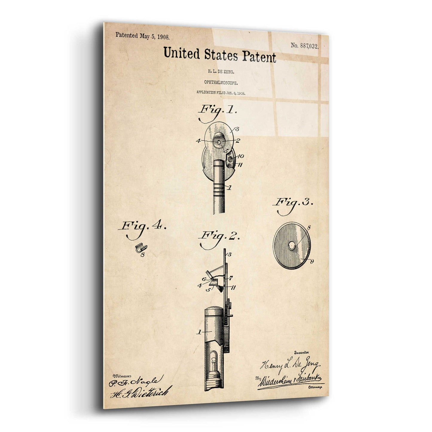 Epic Art 'Ophthalmoscope Blueprint Patent Parchment,' Acrylic Glass Wall Art,12x16