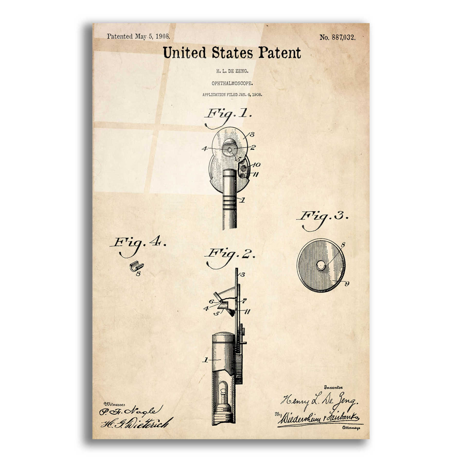 Epic Art 'Ophthalmoscope Blueprint Patent Parchment,' Acrylic Glass Wall Art,12x16