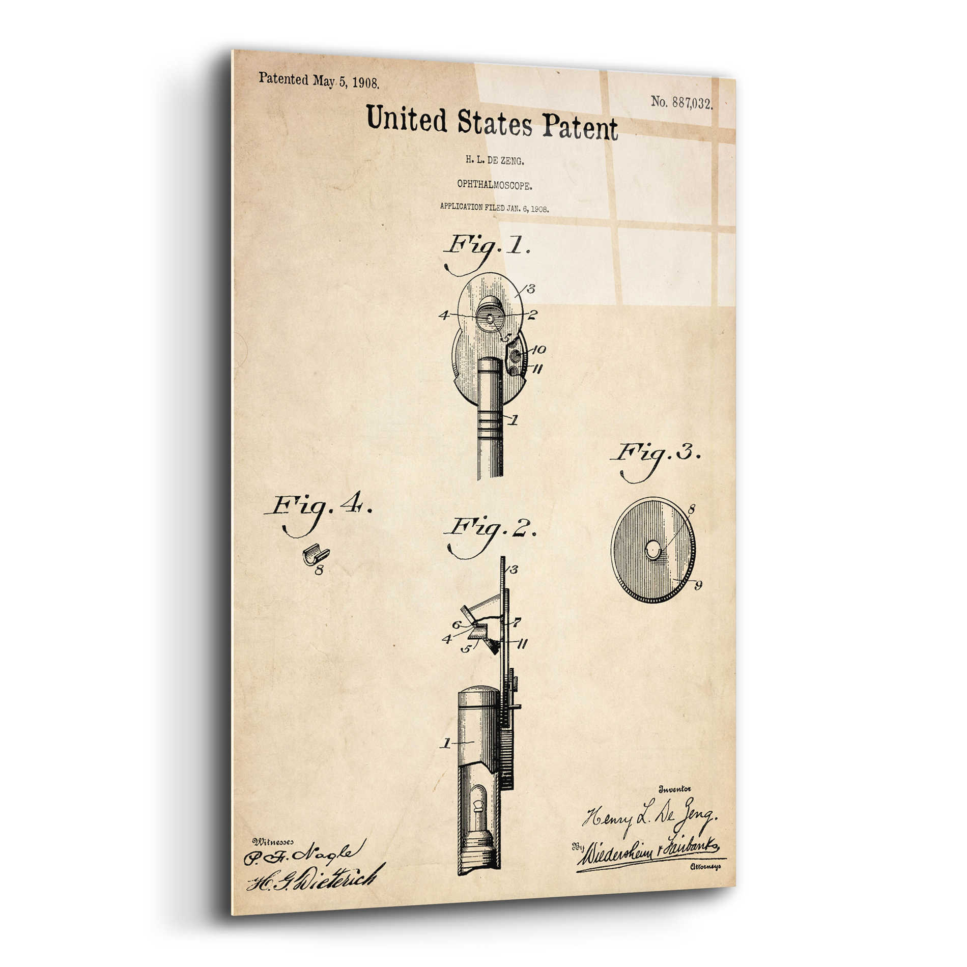 Epic Art 'Ophthalmoscope Blueprint Patent Parchment,' Acrylic Glass Wall Art,16x24