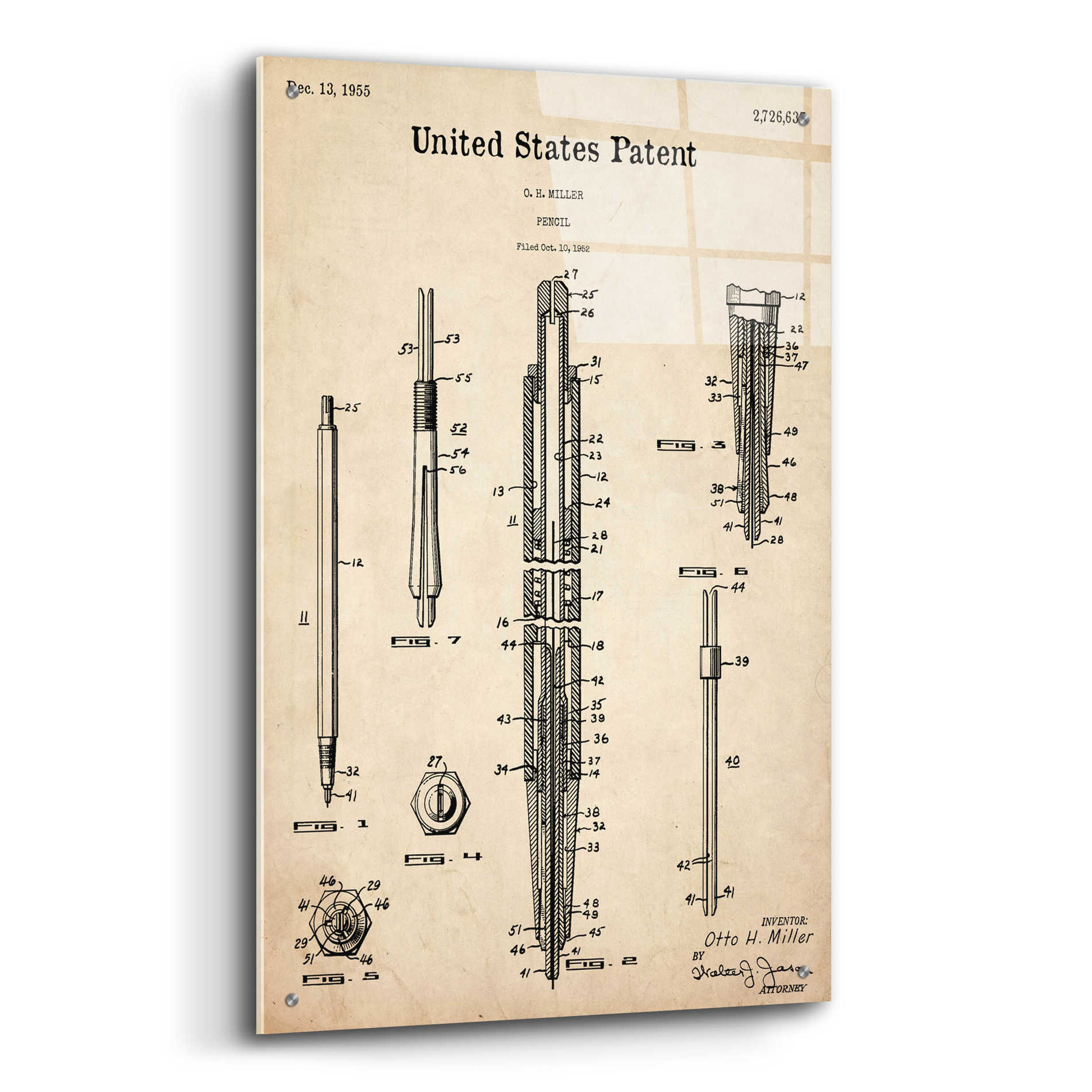 Epic Art 'Mechanical Pencil Blueprint Patent Parchment,' Acrylic Glass Wall Art,24x36