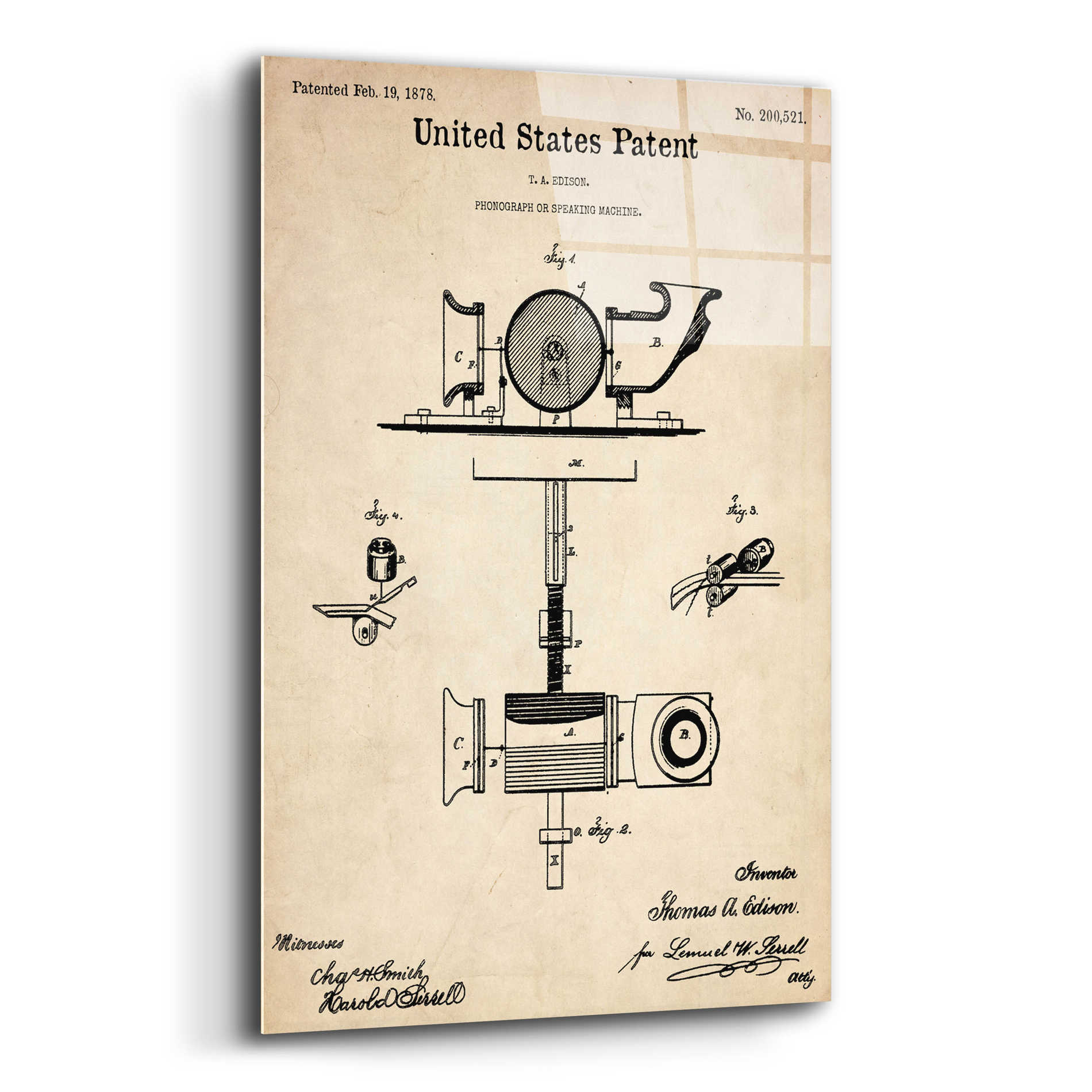 Epic Art 'Phonograph Blueprint Patent Parchment,' Acrylic Glass Wall Art,16x24