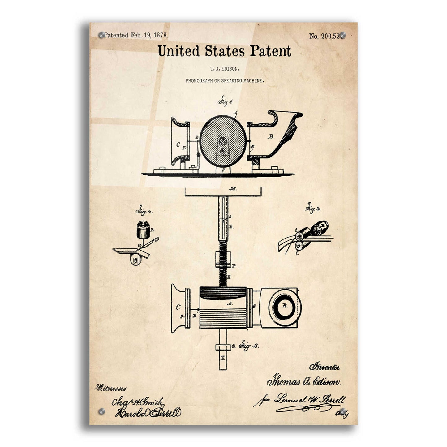 Epic Art 'Phonograph Blueprint Patent Parchment,' Acrylic Glass Wall Art,24x36