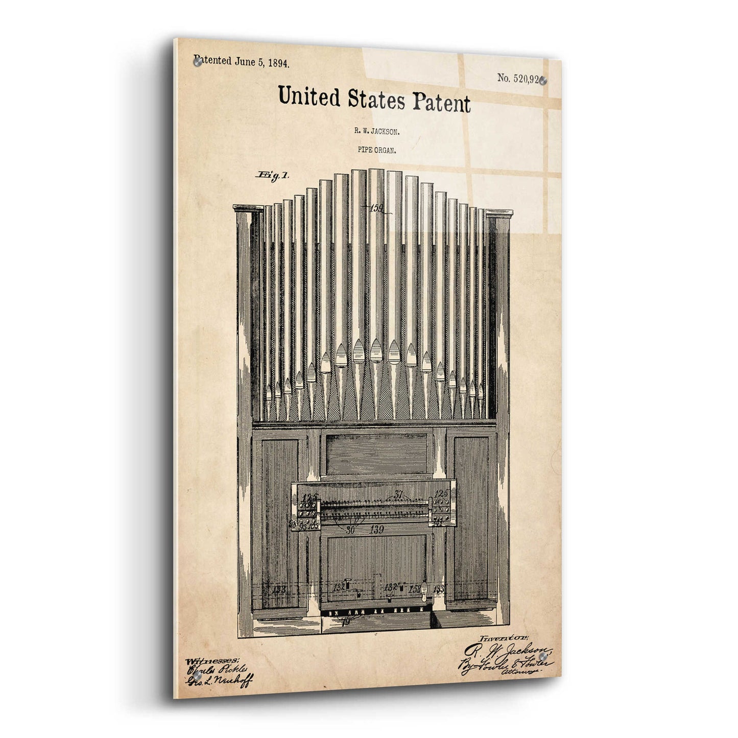 Epic Art 'Pipe Organ Blueprint Patent Parchment,' Acrylic Glass Wall Art,24x36