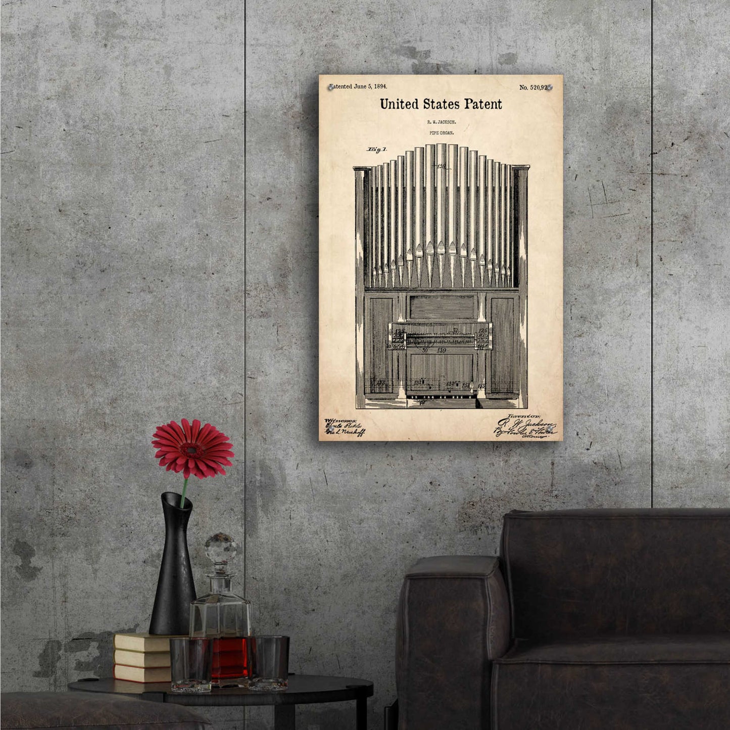 Epic Art 'Pipe Organ Blueprint Patent Parchment,' Acrylic Glass Wall Art,24x36