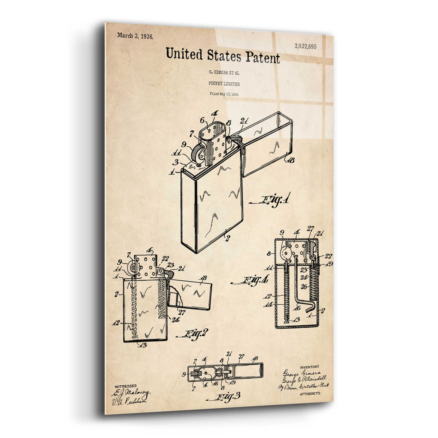 Epic Art 'Pocket Lighter Blueprint Patent Parchment,' Acrylic Glass Wall Art,16x24