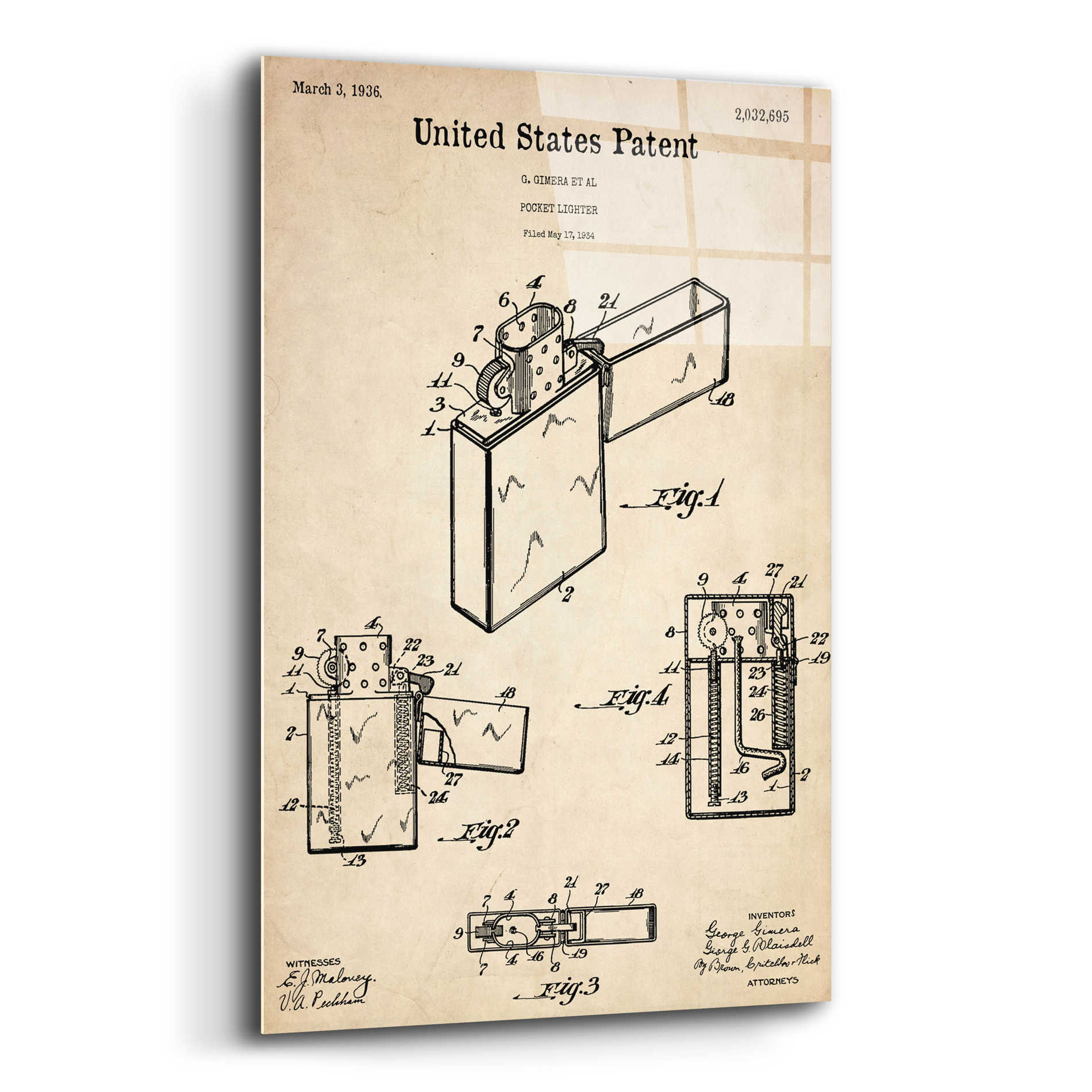 Epic Art 'Pocket Lighter Blueprint Patent Parchment,' Acrylic Glass Wall Art,16x24