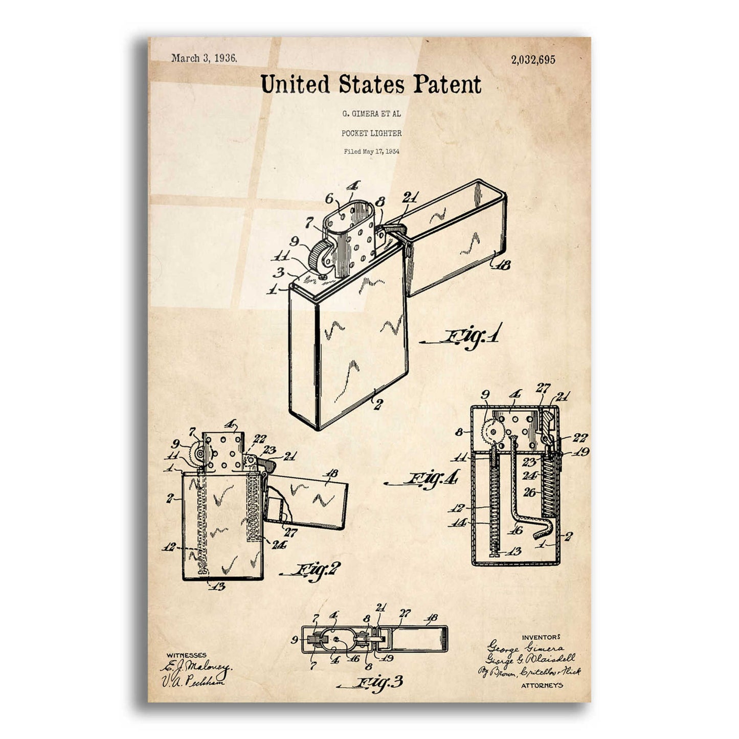 Epic Art 'Pocket Lighter Blueprint Patent Parchment,' Acrylic Glass Wall Art,16x24