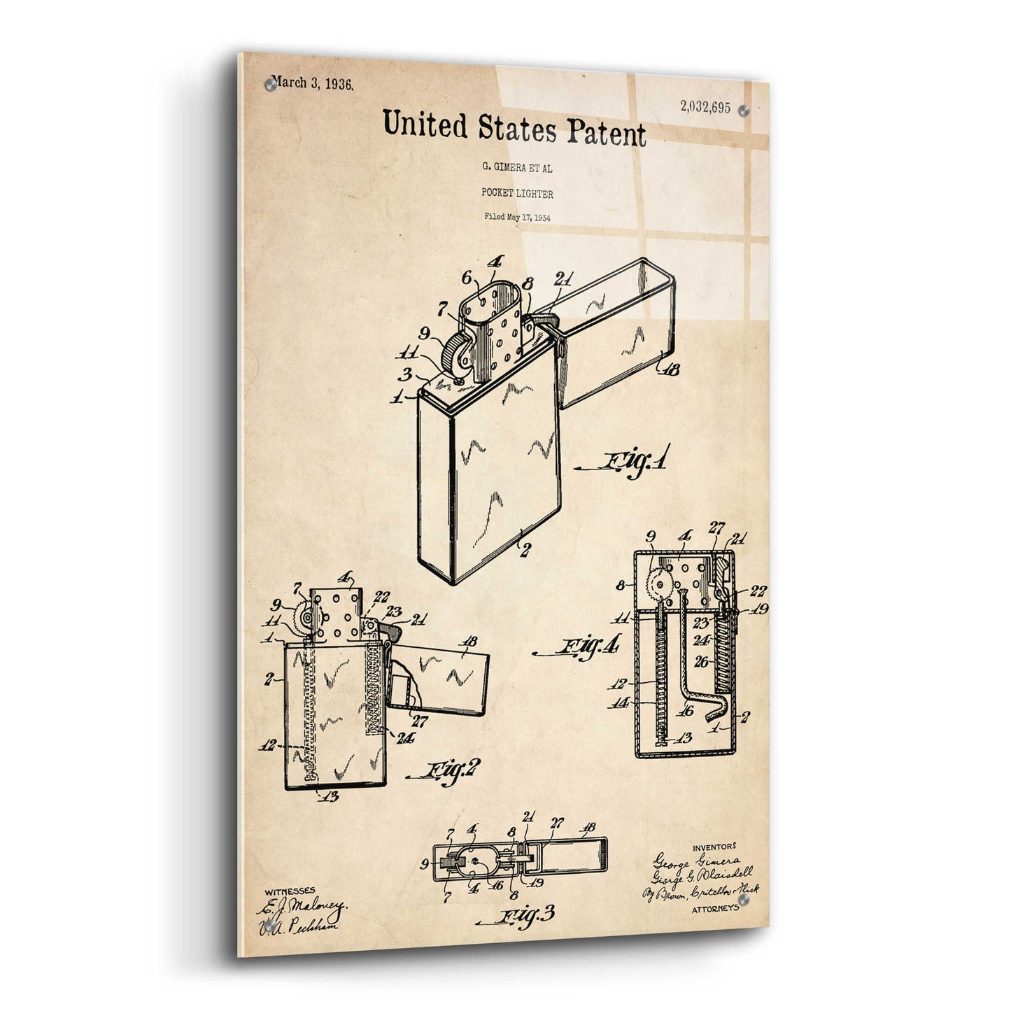 Epic Art 'Pocket Lighter Blueprint Patent Parchment,' Acrylic Glass Wall Art,24x36