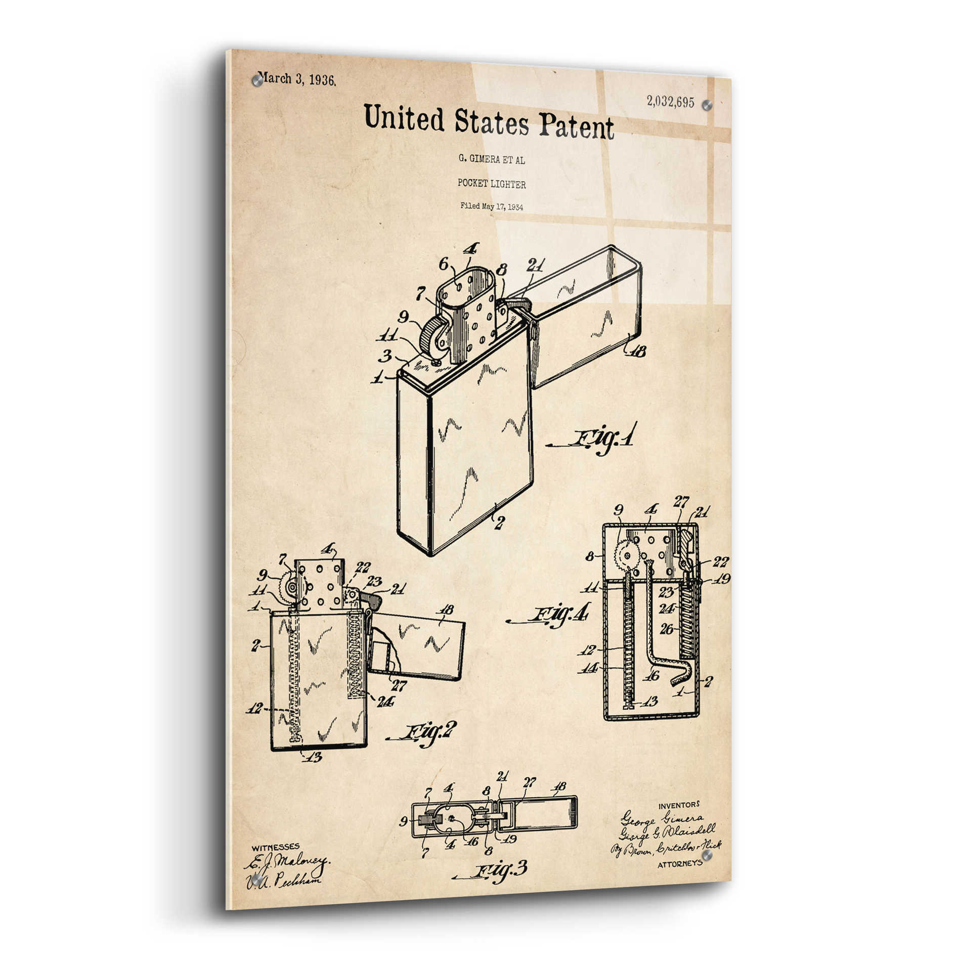 Epic Art 'Pocket Lighter Blueprint Patent Parchment,' Acrylic Glass Wall Art,24x36