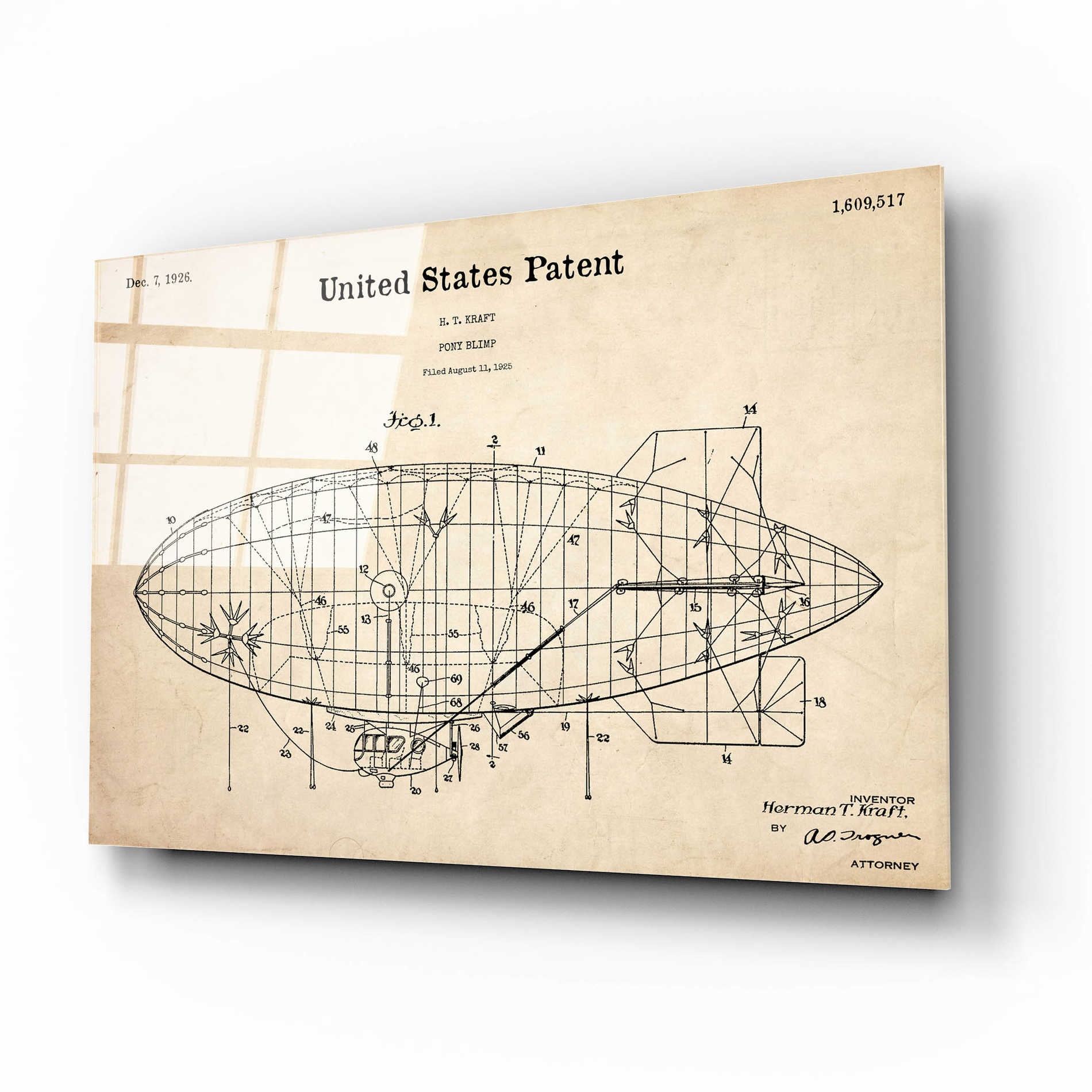 Epic Art 'Pony Blimp Blueprint Patent Parchment,' Acrylic Glass Wall Art,16x12