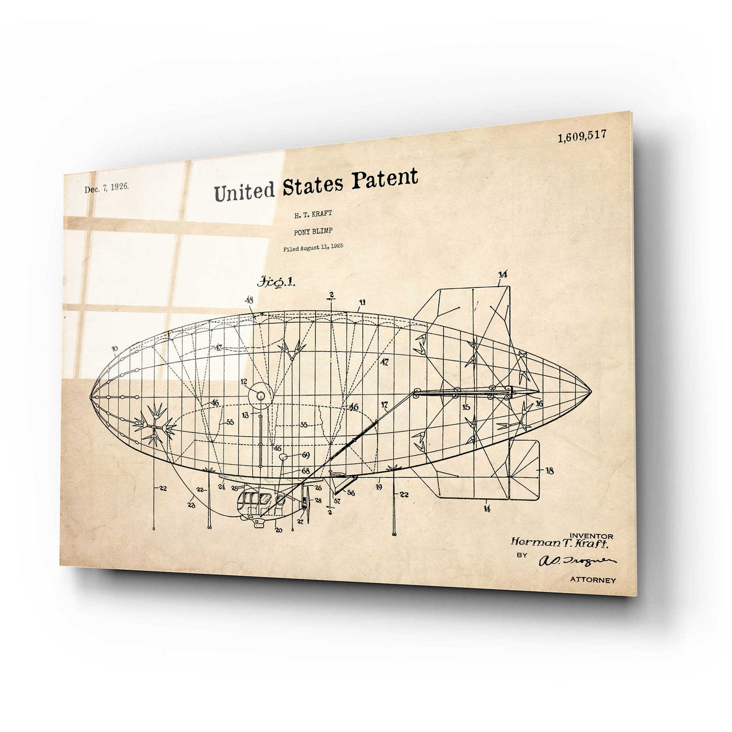 Epic Art 'Pony Blimp Blueprint Patent Parchment,' Acrylic Glass Wall Art,24x16