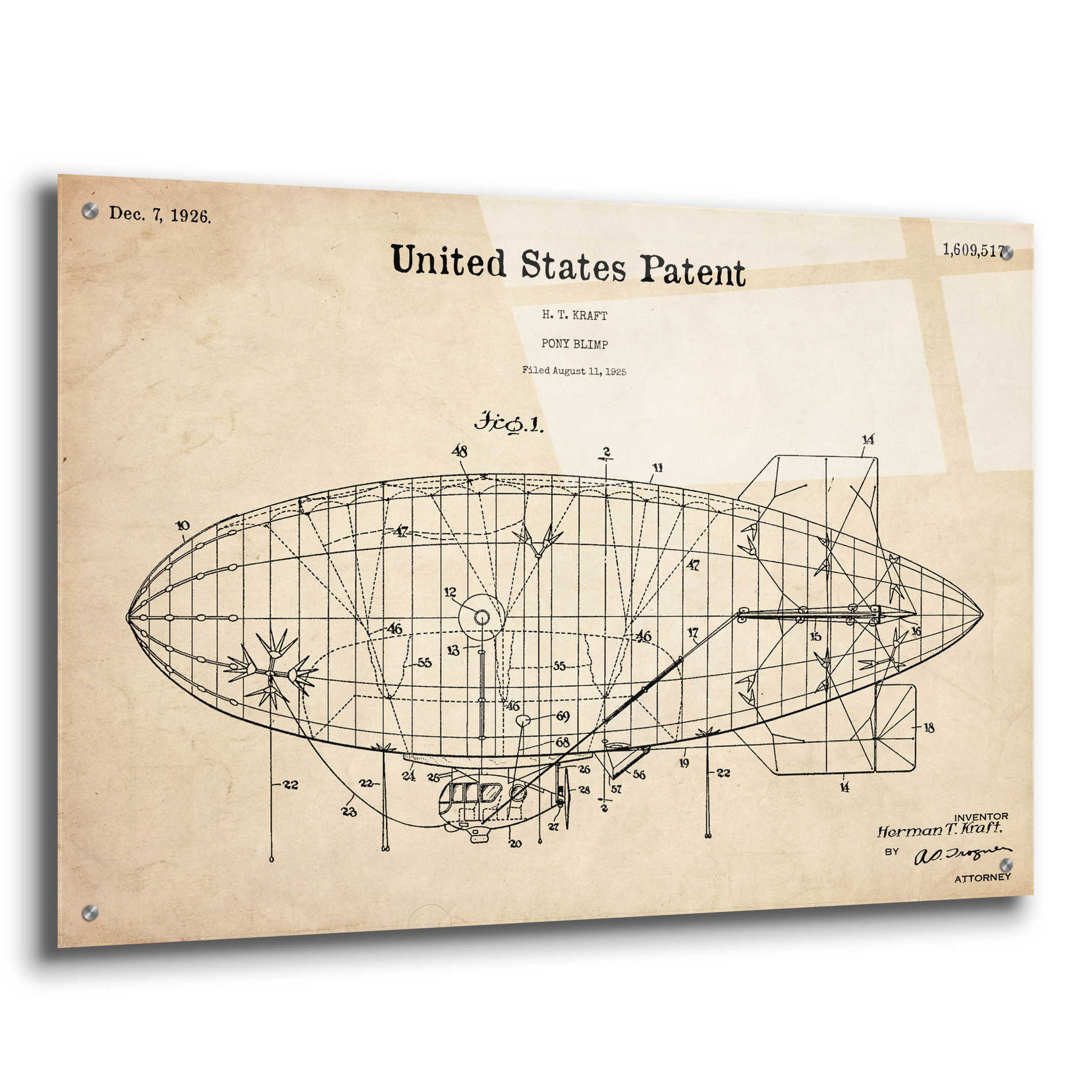 Epic Art 'Pony Blimp Blueprint Patent Parchment,' Acrylic Glass Wall Art,36x24