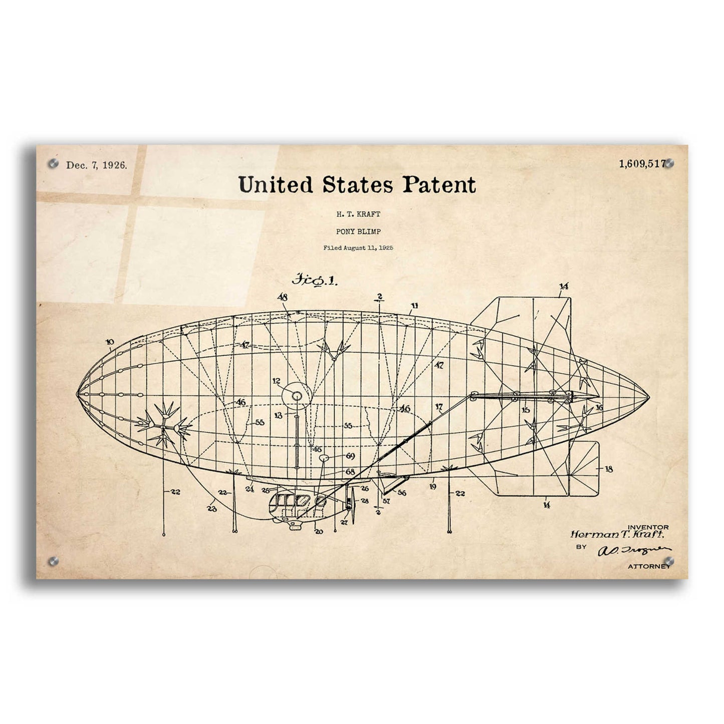 Epic Art 'Pony Blimp Blueprint Patent Parchment,' Acrylic Glass Wall Art,36x24