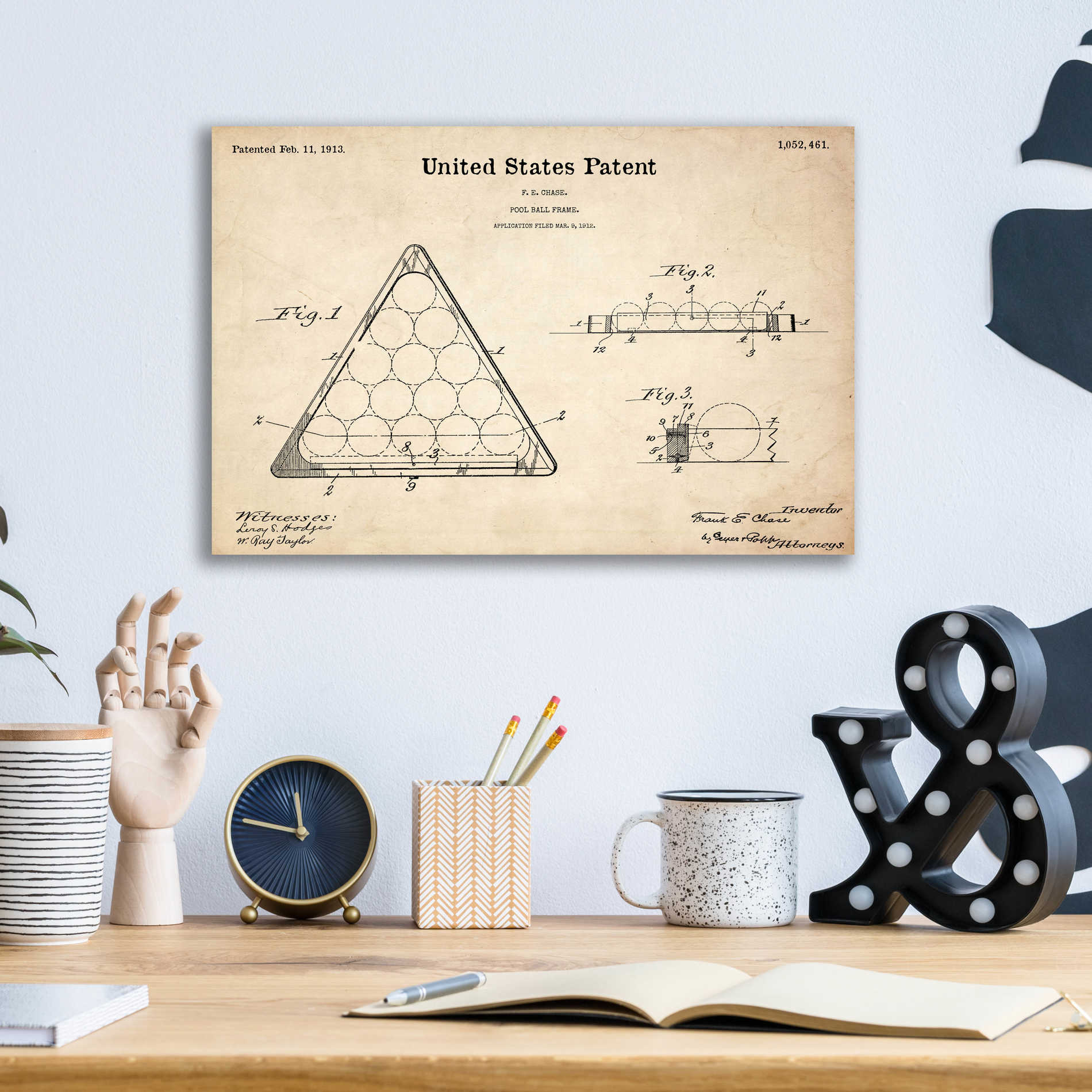 Epic Art 'Pool Ball Frame Blueprint Patent Parchment,' Acrylic Glass Wall Art,16x12