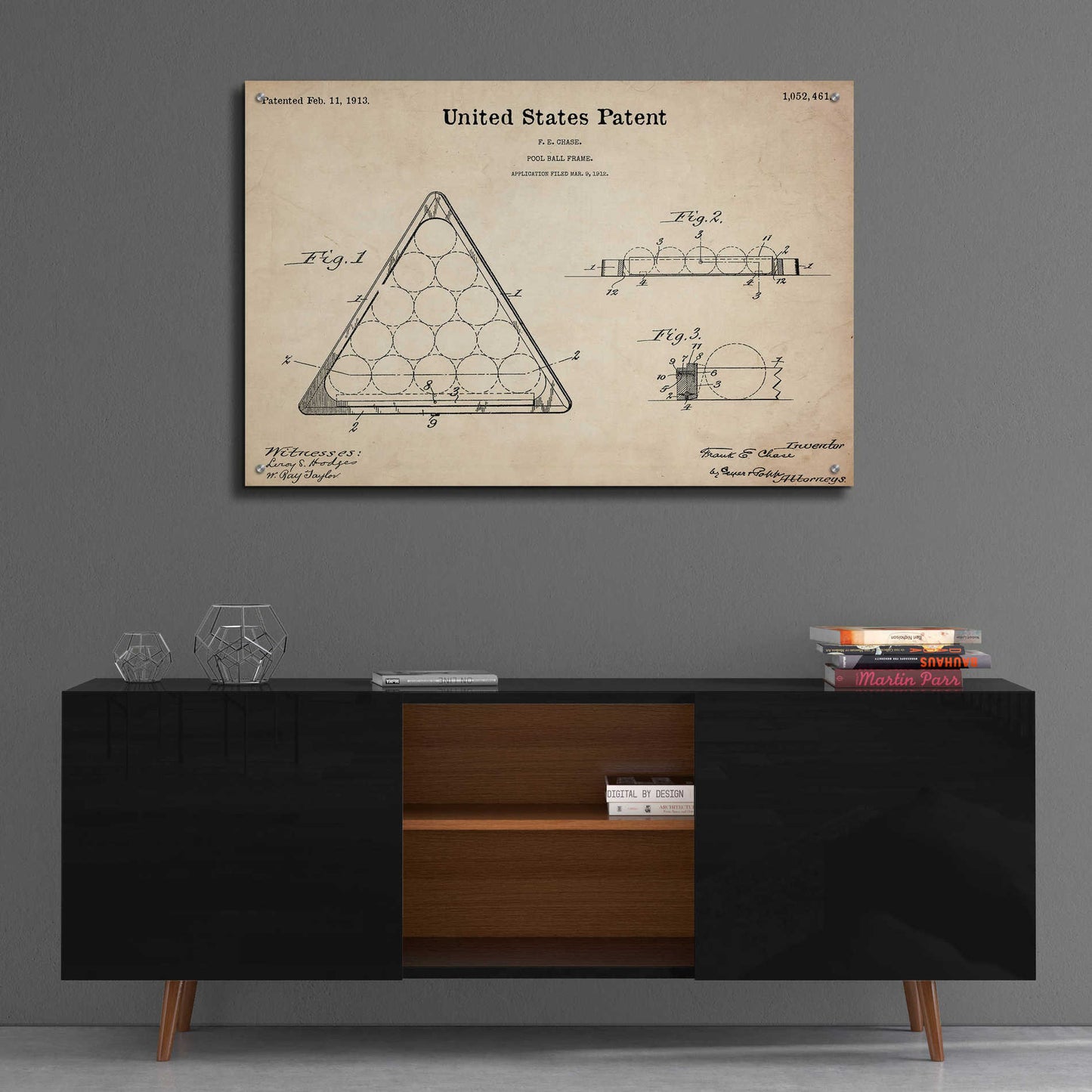 Epic Art 'Pool Ball Frame Blueprint Patent Parchment,' Acrylic Glass Wall Art,36x24