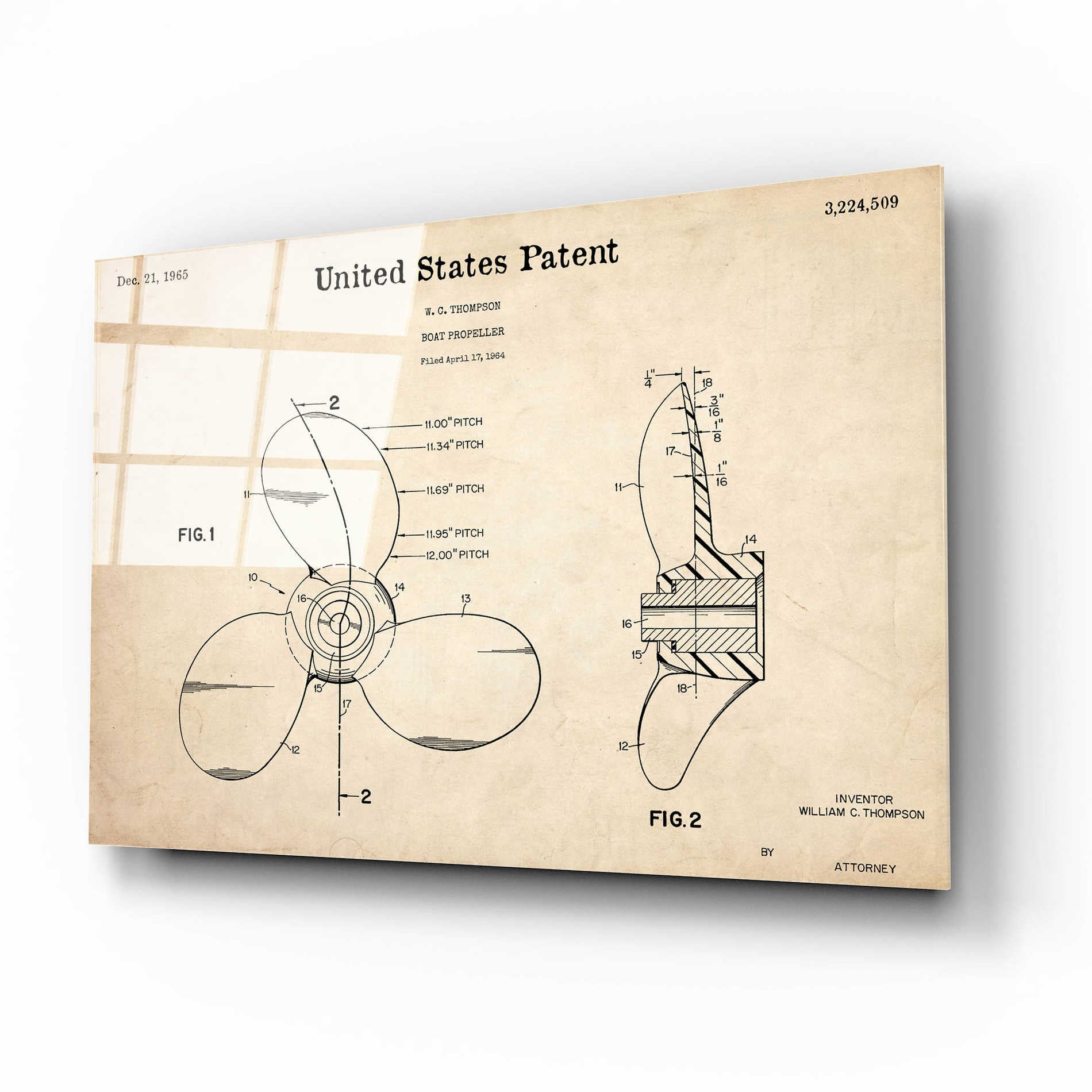 Epic Art 'Boat Propeller Blueprint Patent Parchment,' Acrylic Glass Wall Art,16x12