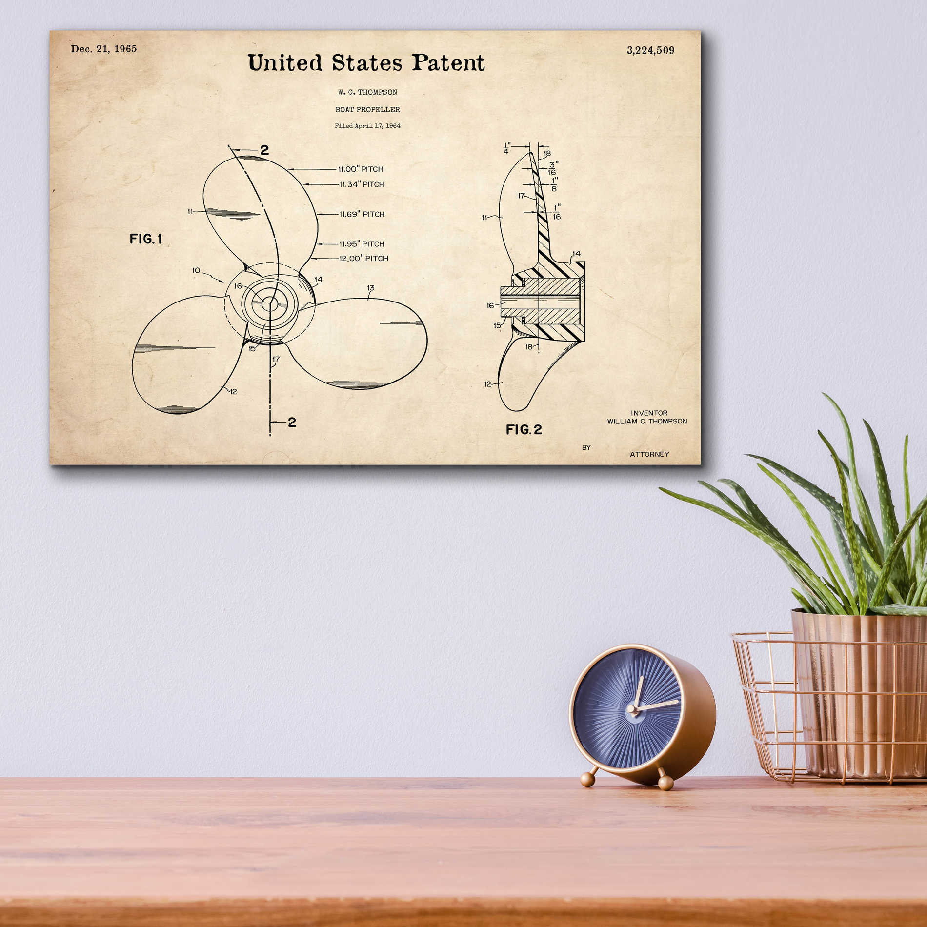 Epic Art 'Boat Propeller Blueprint Patent Parchment,' Acrylic Glass Wall Art,16x12