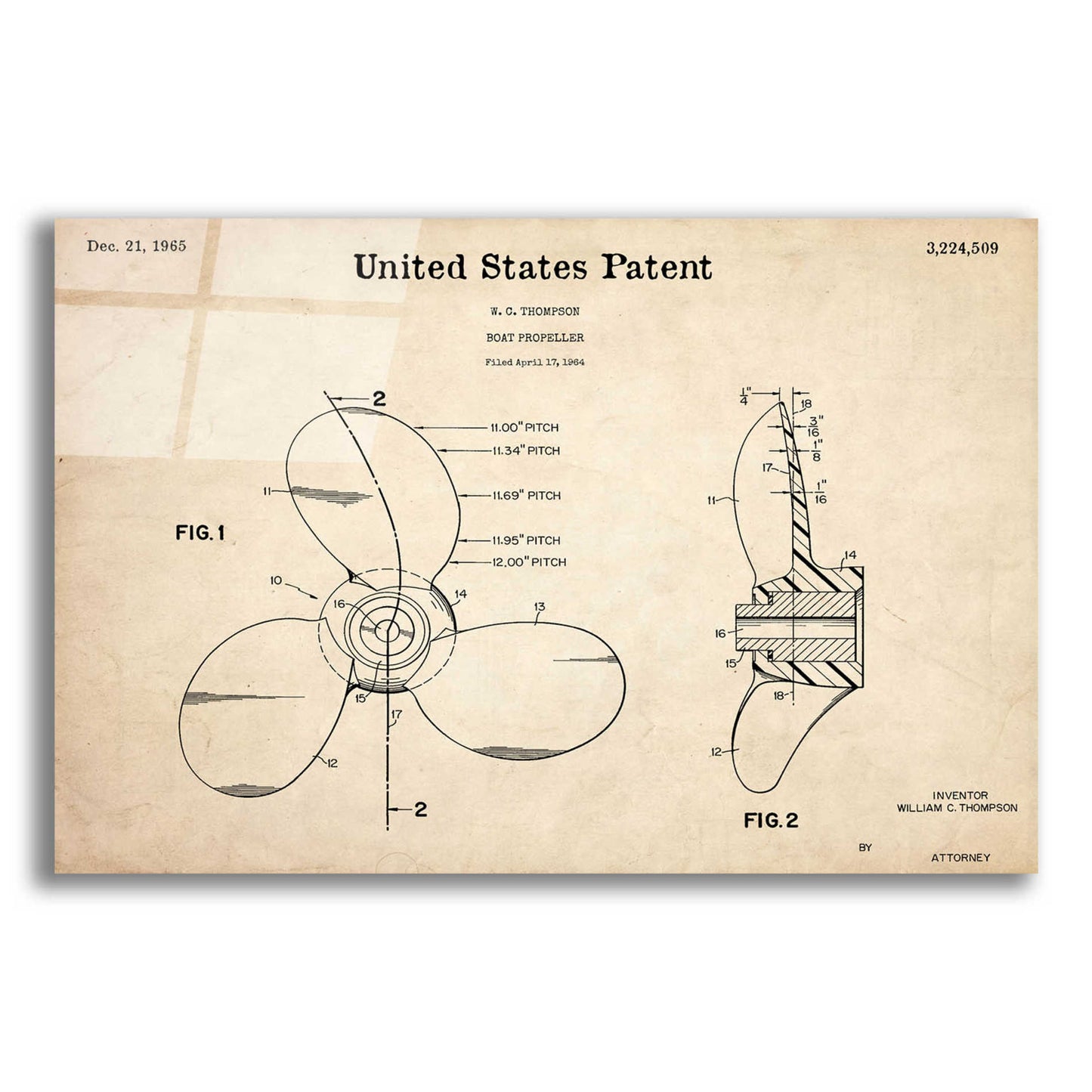 Epic Art 'Boat Propeller Blueprint Patent Parchment,' Acrylic Glass Wall Art,16x12