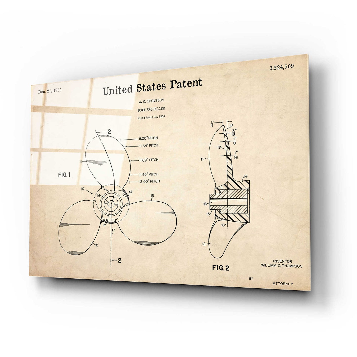 Epic Art 'Boat Propeller Blueprint Patent Parchment,' Acrylic Glass Wall Art,24x16