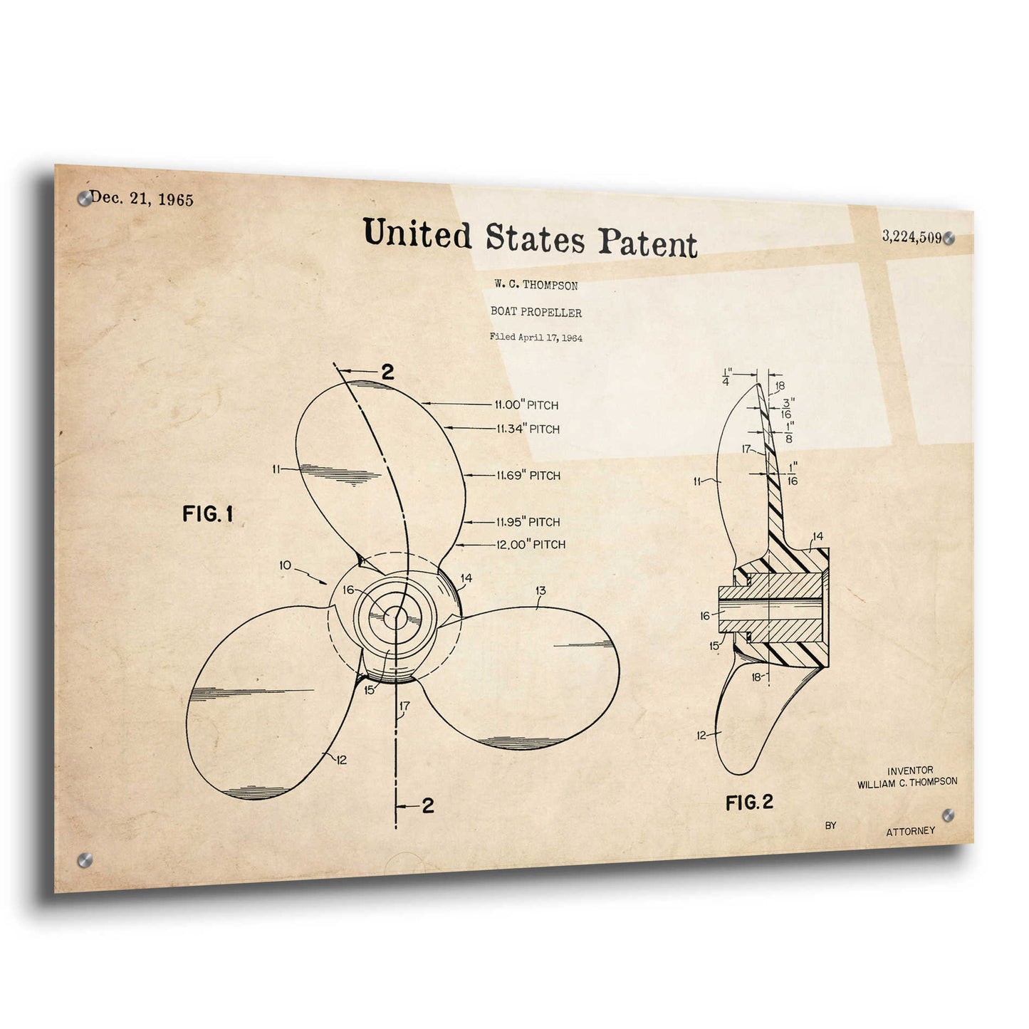 Epic Art 'Boat Propeller Blueprint Patent Parchment,' Acrylic Glass Wall Art,36x24