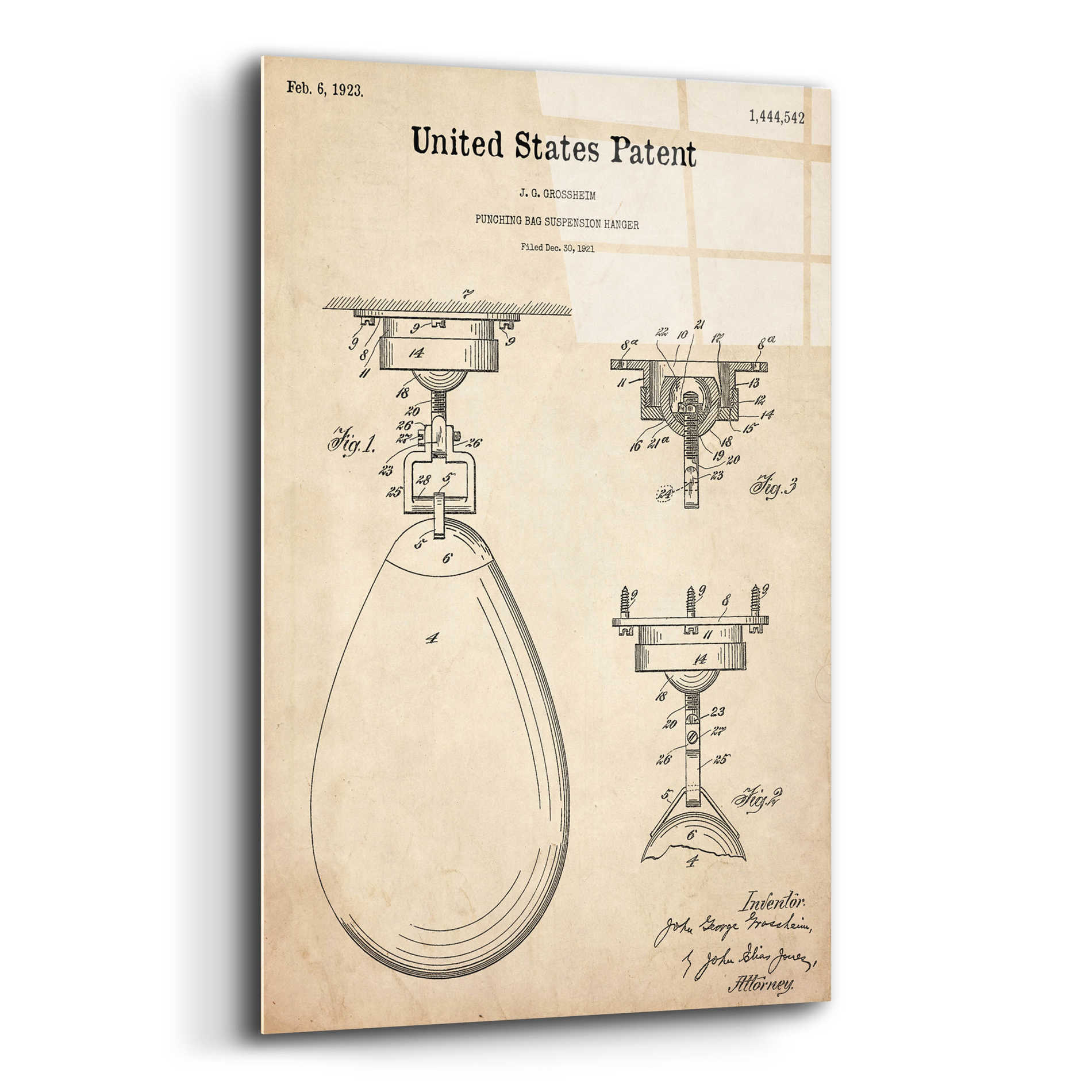 Epic Art 'Boxing Bag Blueprint Patent Parchment,' Acrylic Glass Wall Art,12x16