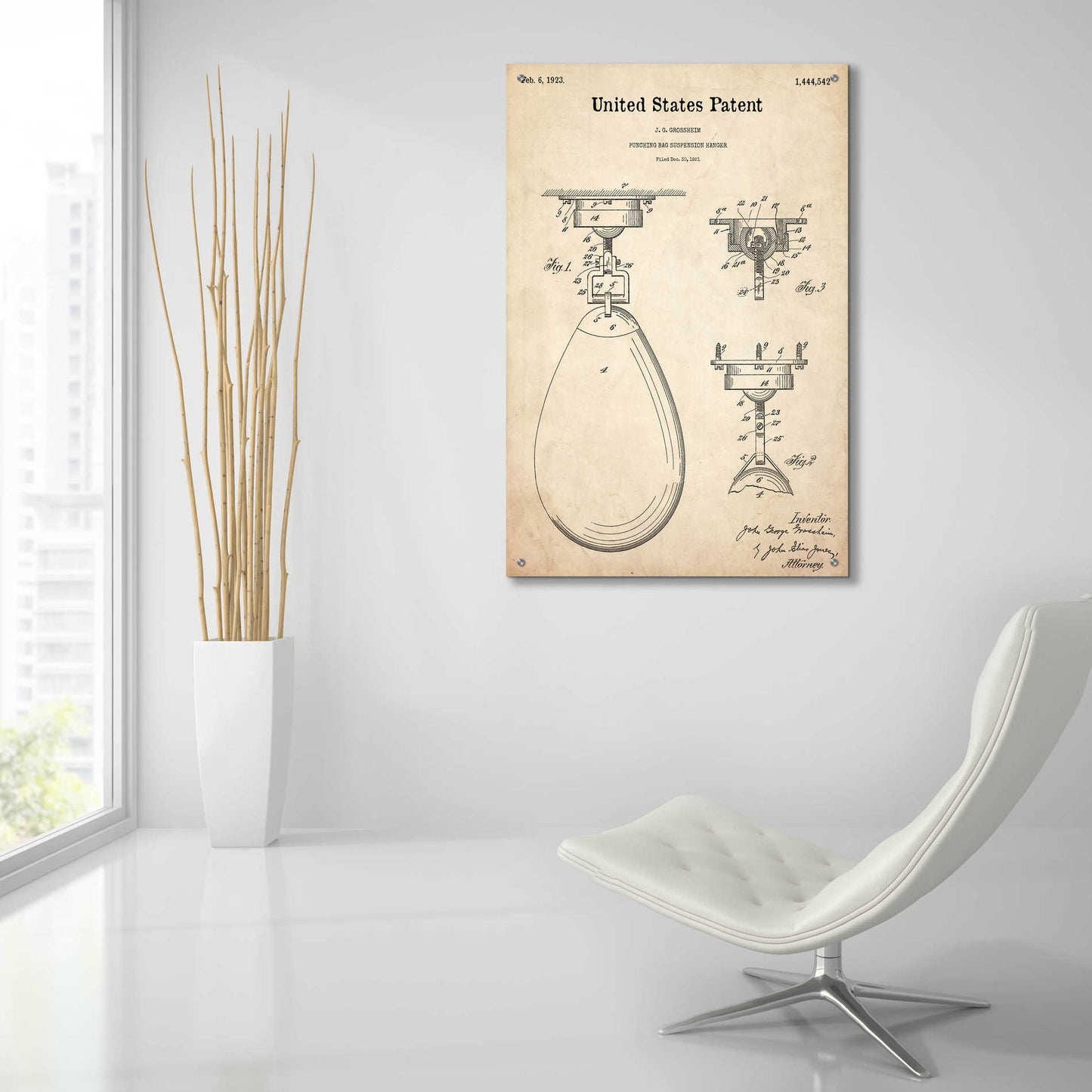 Epic Art 'Boxing Bag Blueprint Patent Parchment,' Acrylic Glass Wall Art,24x36