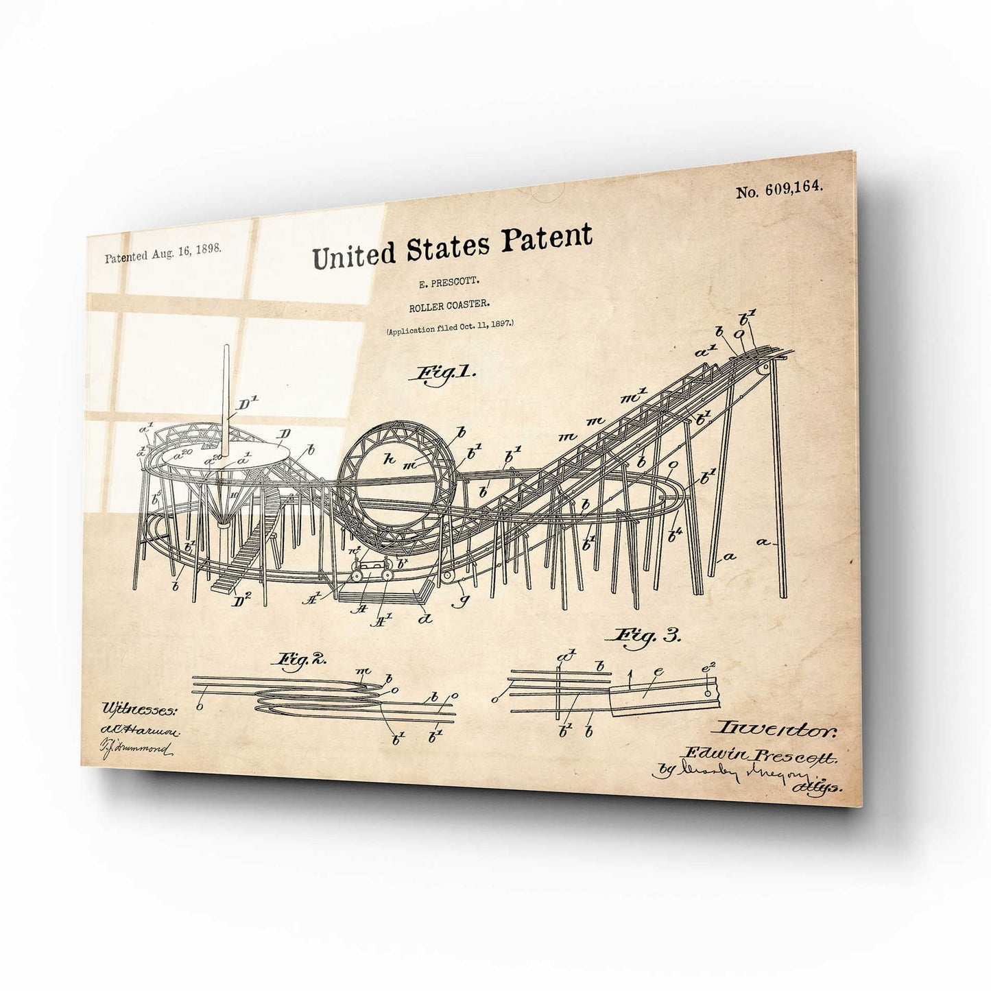 Epic Art 'Roller Coaster Blueprint Patent Parchment,' Acrylic Glass Wall Art,16x12