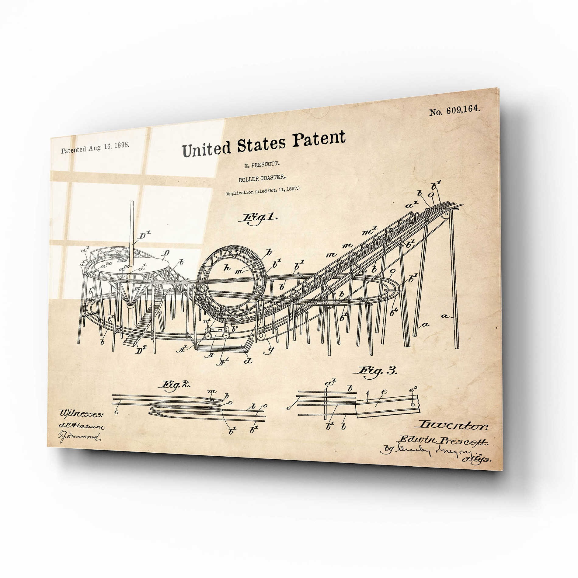 Epic Art 'Roller Coaster Blueprint Patent Parchment,' Acrylic Glass Wall Art,16x12