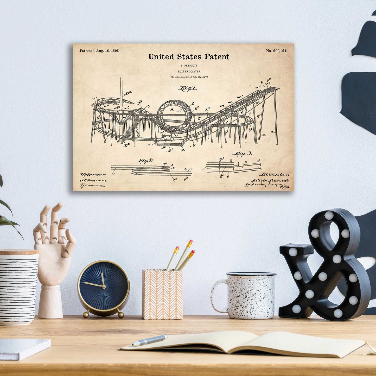 Epic Art 'Roller Coaster Blueprint Patent Parchment,' Acrylic Glass Wall Art,16x12