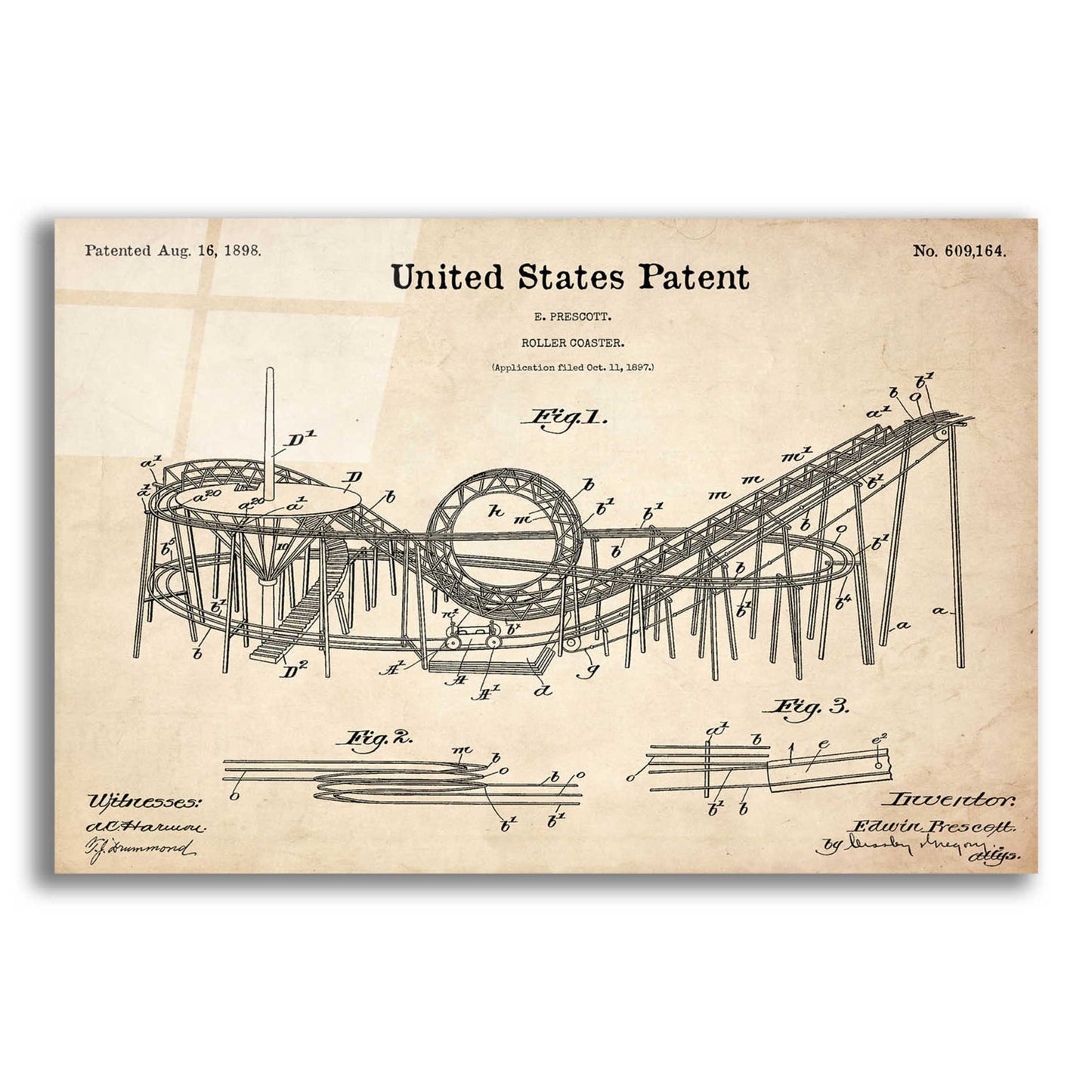 Epic Art 'Roller Coaster Blueprint Patent Parchment,' Acrylic Glass Wall Art,16x12