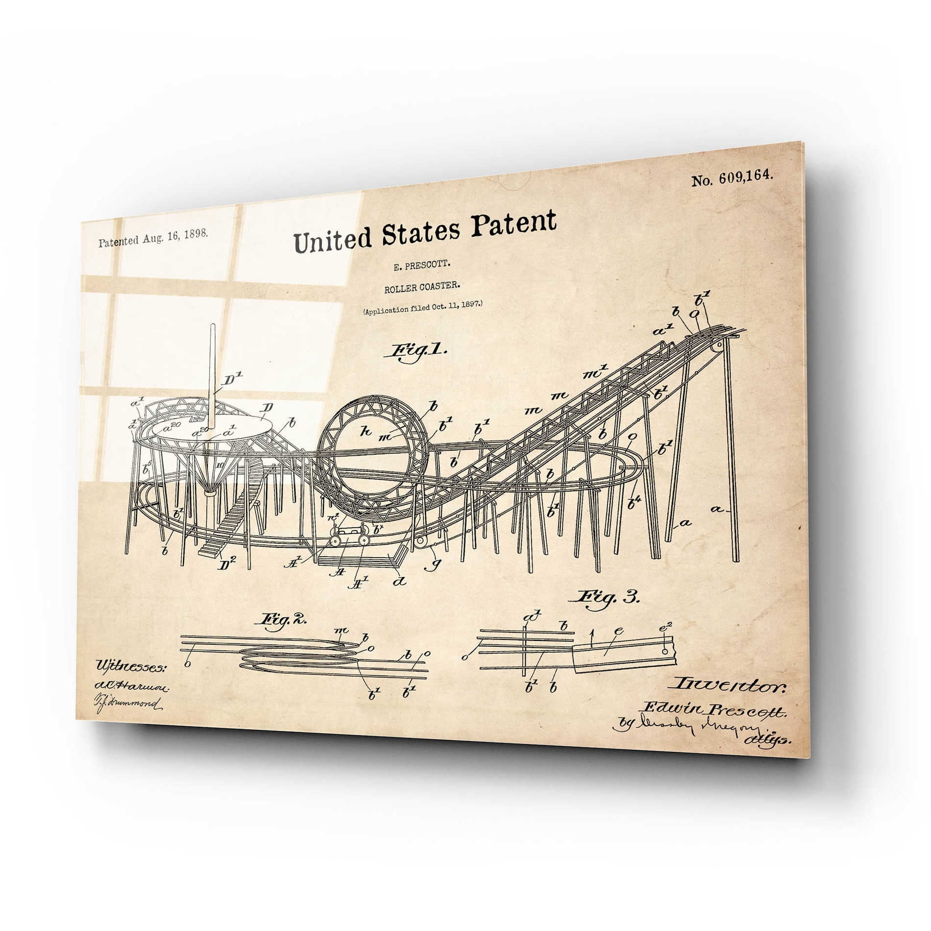 Epic Art 'Roller Coaster Blueprint Patent Parchment,' Acrylic Glass Wall Art,24x16