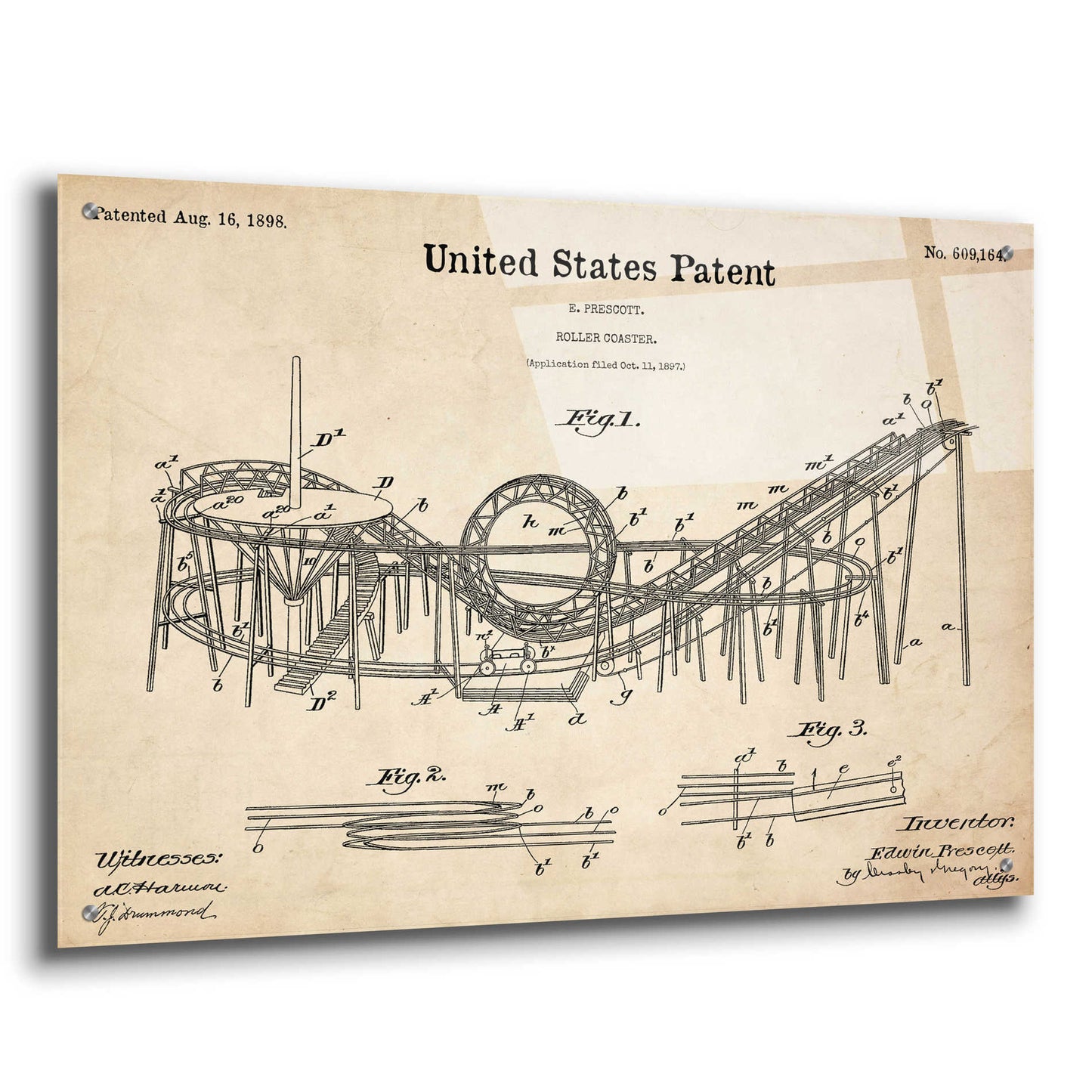 Epic Art 'Roller Coaster Blueprint Patent Parchment,' Acrylic Glass Wall Art,36x24