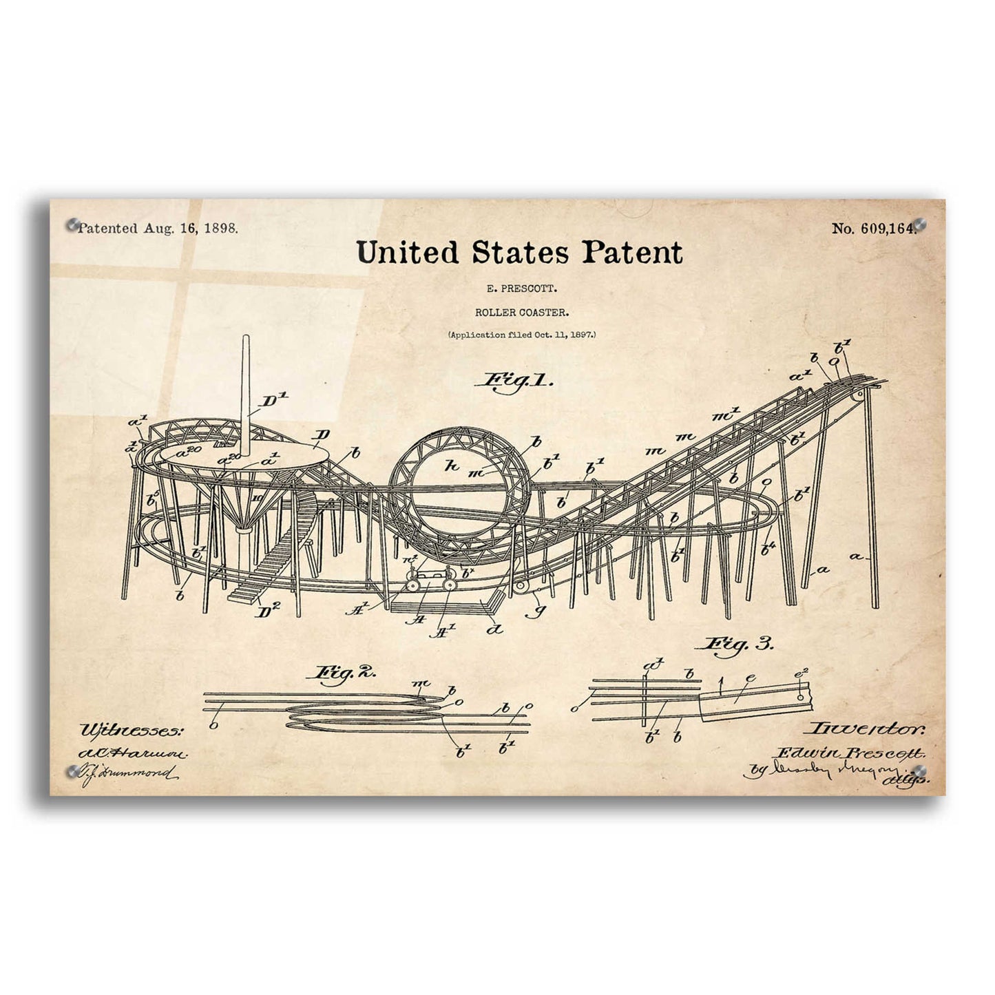 Epic Art 'Roller Coaster Blueprint Patent Parchment,' Acrylic Glass Wall Art,36x24