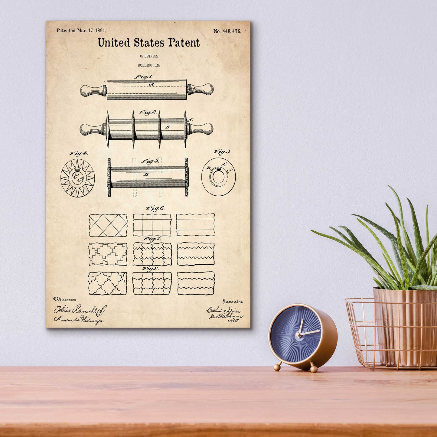 Epic Art 'Rolling Pin Blueprint Patent Parchment,' Acrylic Glass Wall Art,12x16