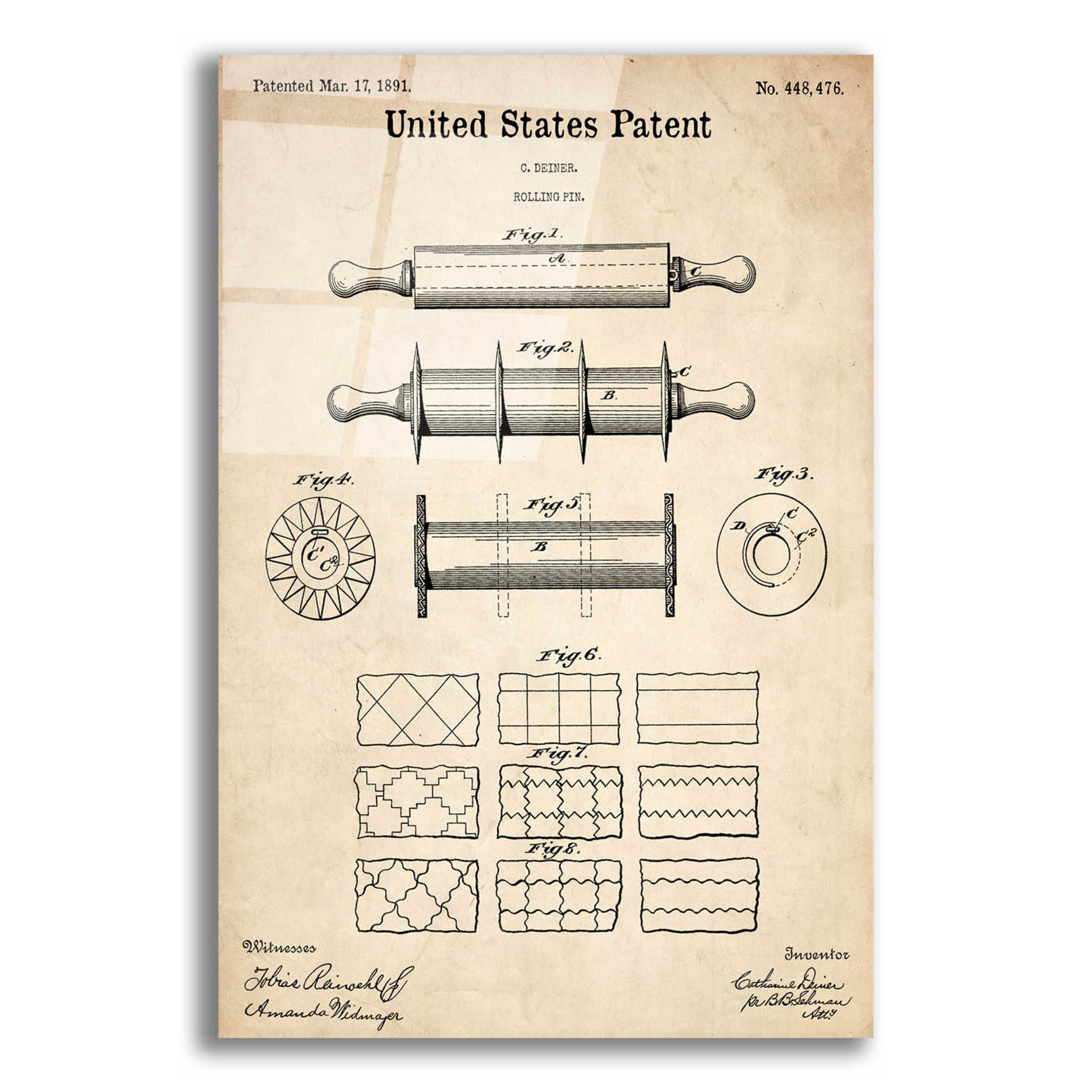 Epic Art 'Rolling Pin Blueprint Patent Parchment,' Acrylic Glass Wall Art,12x16