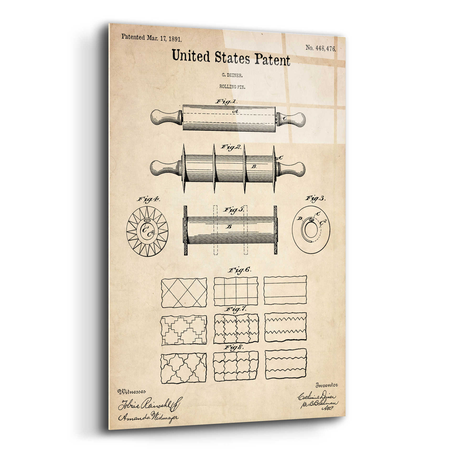 Epic Art 'Rolling Pin Blueprint Patent Parchment,' Acrylic Glass Wall Art,16x24