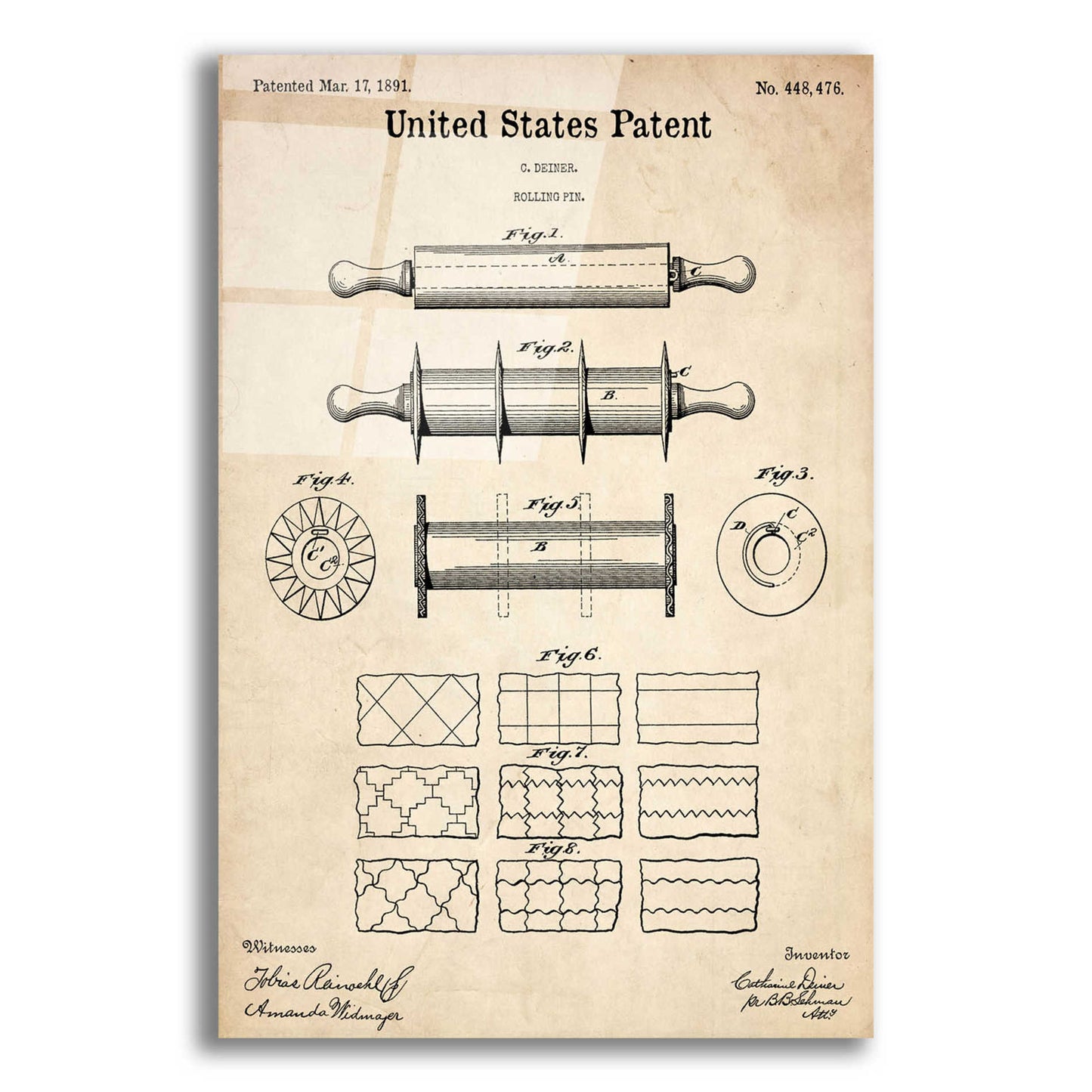 Epic Art 'Rolling Pin Blueprint Patent Parchment,' Acrylic Glass Wall Art,16x24