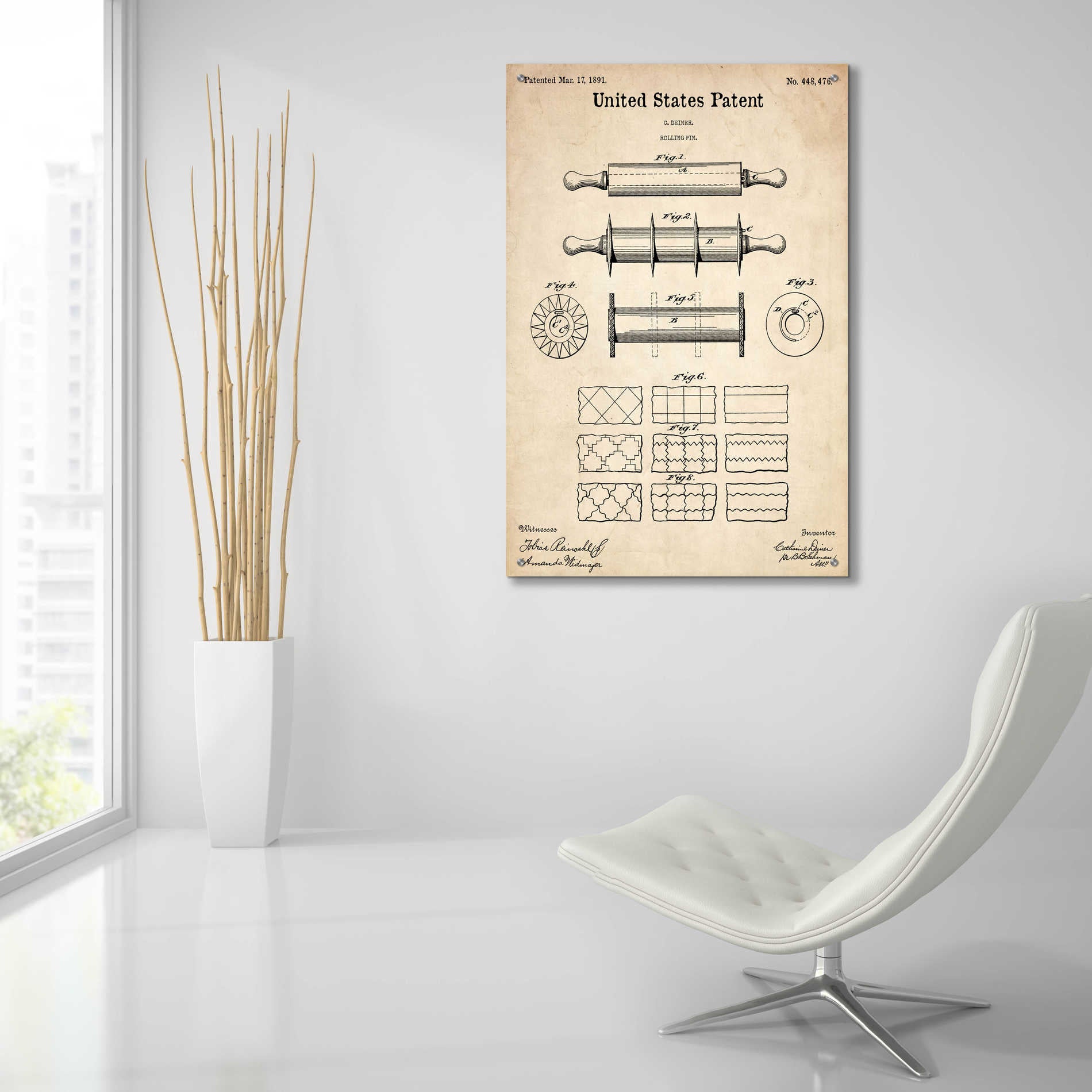 Epic Art 'Rolling Pin Blueprint Patent Parchment,' Acrylic Glass Wall Art,24x36