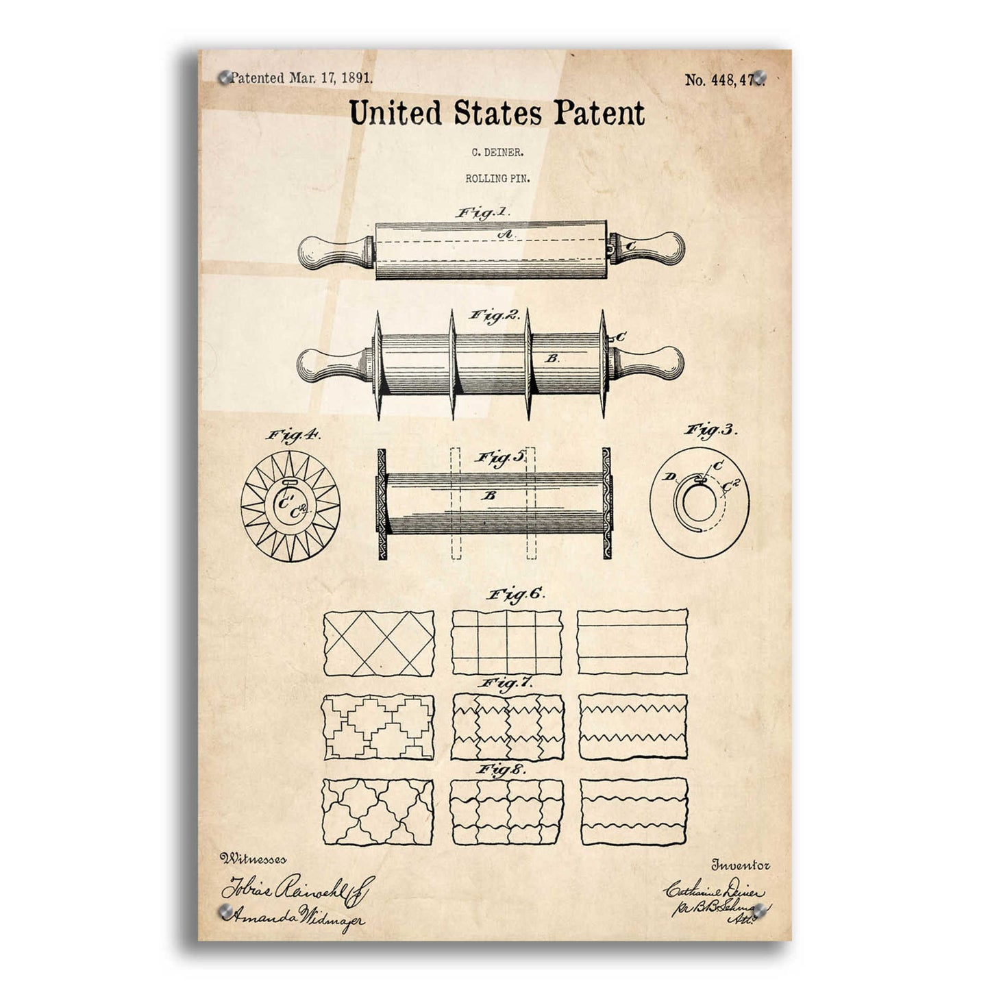 Epic Art 'Rolling Pin Blueprint Patent Parchment,' Acrylic Glass Wall Art,24x36