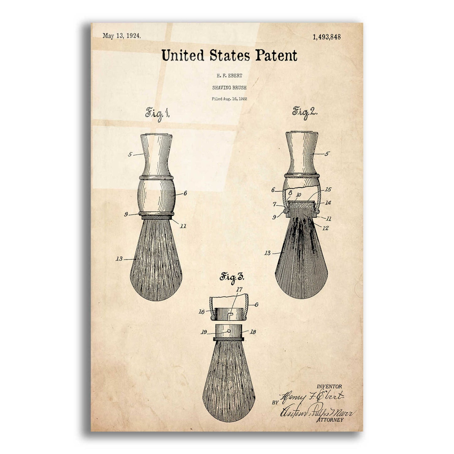 Epic Art 'Shaving Brush Blueprint Patent Parchment,' Acrylic Glass Wall Art,12x16