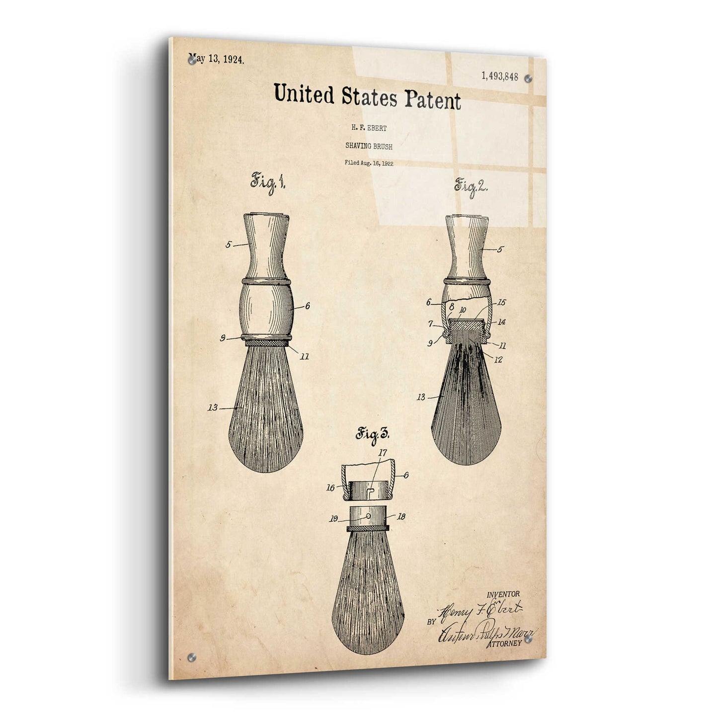 Epic Art 'Shaving Brush Blueprint Patent Parchment,' Acrylic Glass Wall Art,24x36