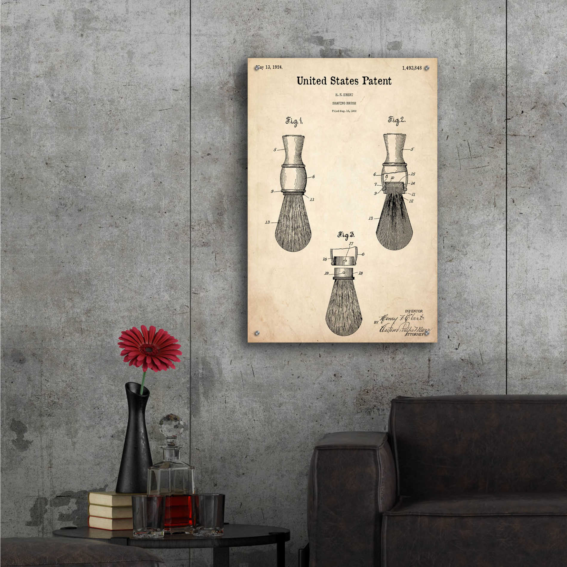 Epic Art 'Shaving Brush Blueprint Patent Parchment,' Acrylic Glass Wall Art,24x36